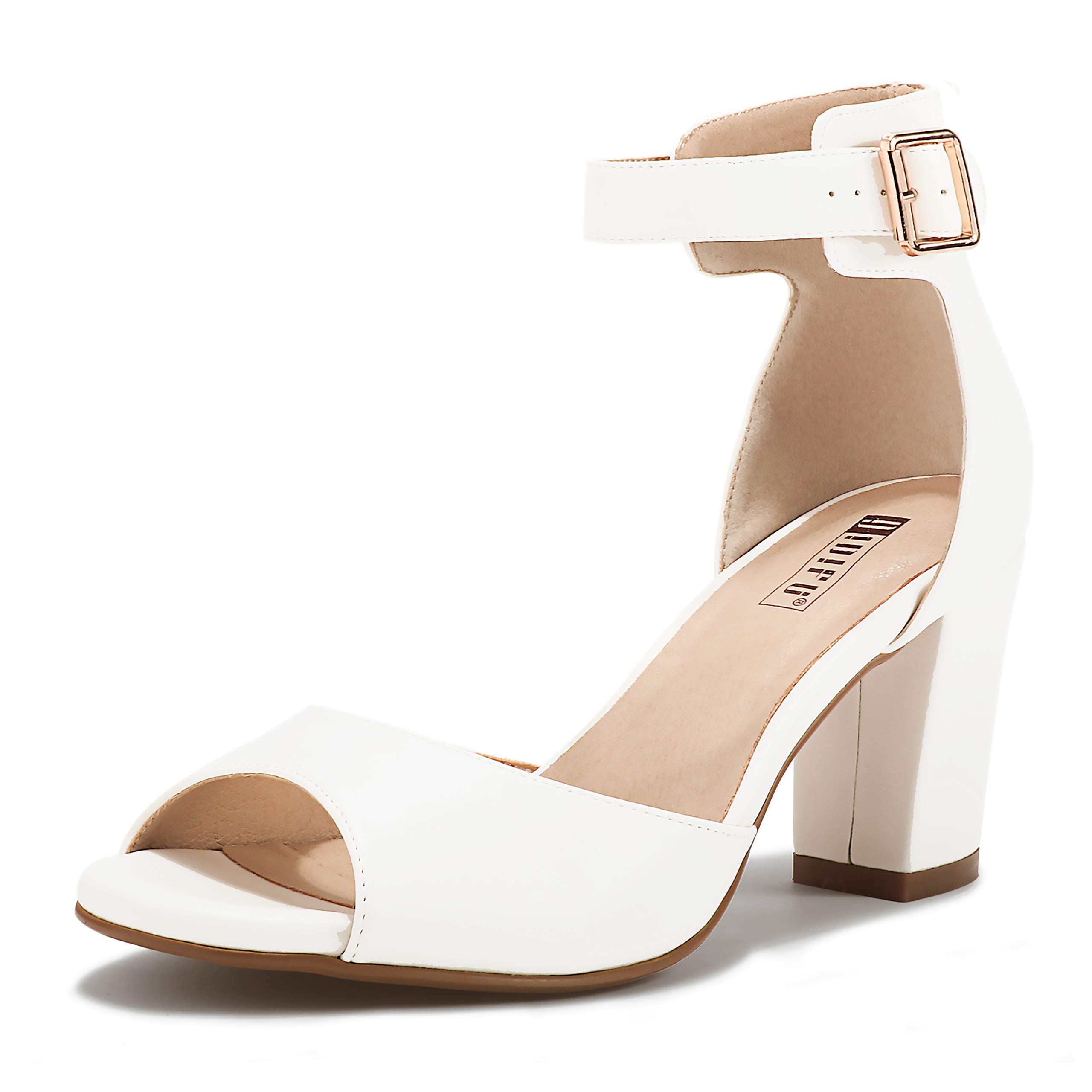 IDIFU Women's Candie-MI Peep Toe Low Block Heels Sandals Ankle Strap Comfy Chunky Wedding Dress Shoes