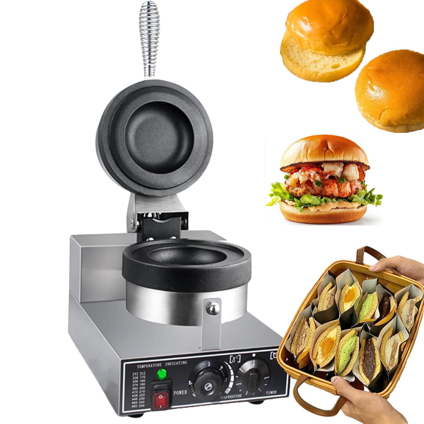 Macchina per hamburger elettrica, pressa per hamburger commerciale da 1200 W, temperatura regolabile 50-300 ℃, padella antiaderente, macchina per waffle all'uovo con bolle