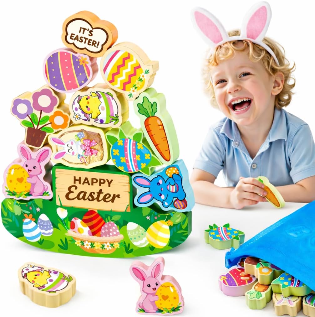 IPOURUP Easter Basket Stuffers Gifts for Kids Toddler Easter Toys 11 Pcs Wooden Stacking Blocks Toy for 3 4 5 6 7 8 9 10 Year Old Boys Girls Kid Balance Competition Games for Ages 5-7 Toddlers Gift