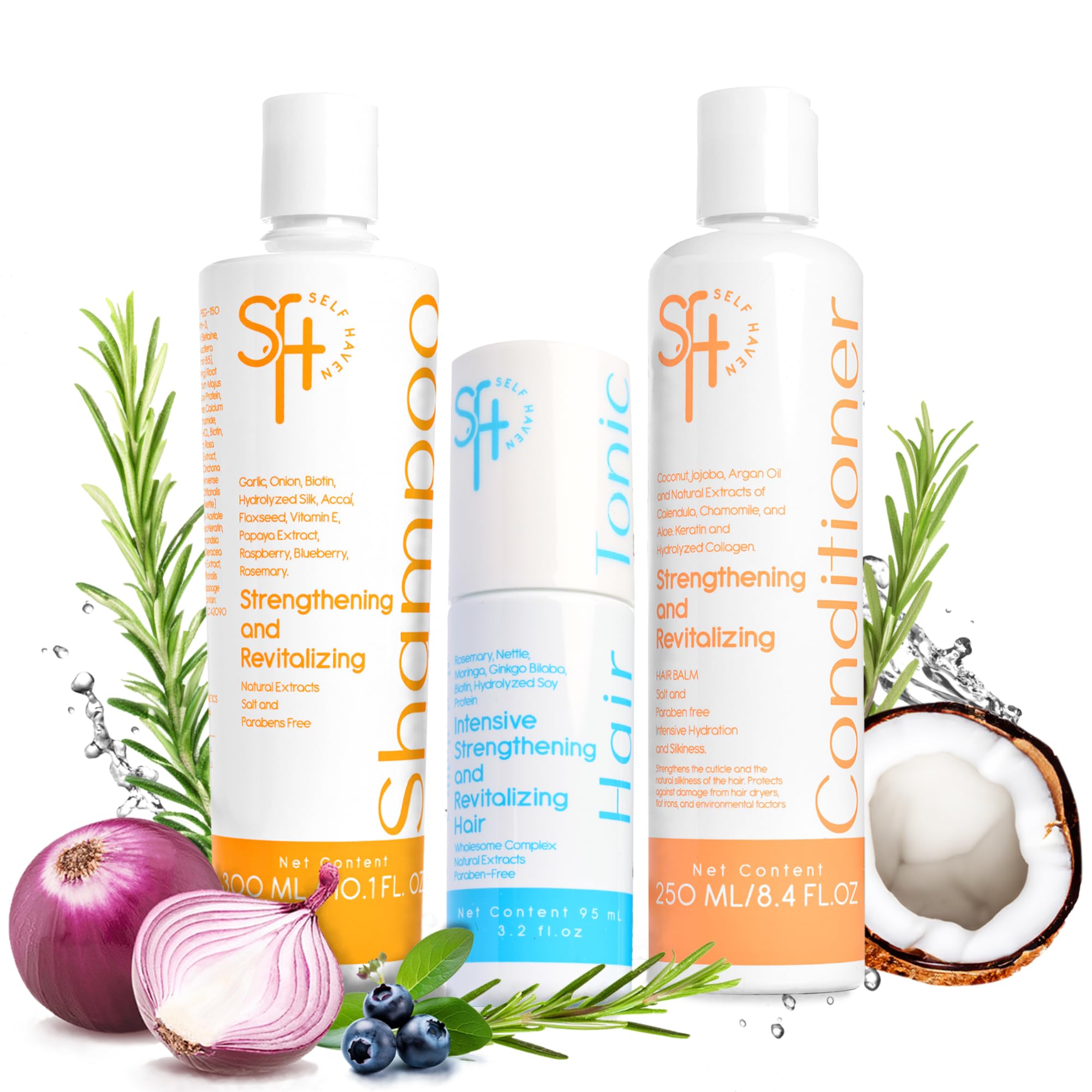 Self Haven- Onion Rosemary Shampoo Set and Conditioner, Rosemary Tonic for Hair Growth (3 in 1 Kit) Reduces Hair-Loss, Boosts Growth, and Restores Natural Shine - Strengthens fuller and longer hair
