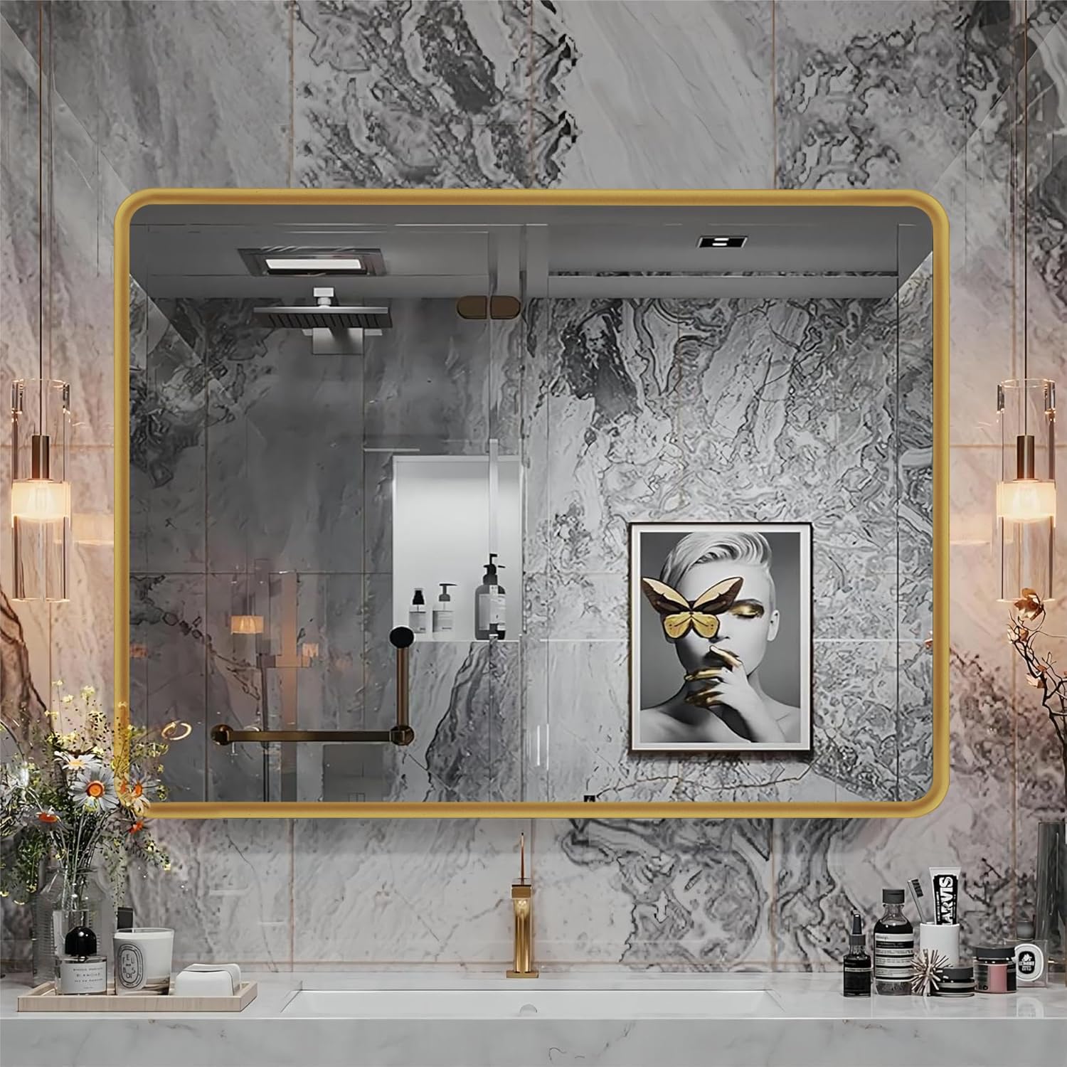 Gold Framed Mirrors for Bathroom,40 x 30 Inch Rounded Conner Rectangle Mirror for Wall, Matte Gold Vanity Mirror with Tempered Glass,Anti-Rust,Hangs Horizontally or Vertically Gold 40"L x 30"W