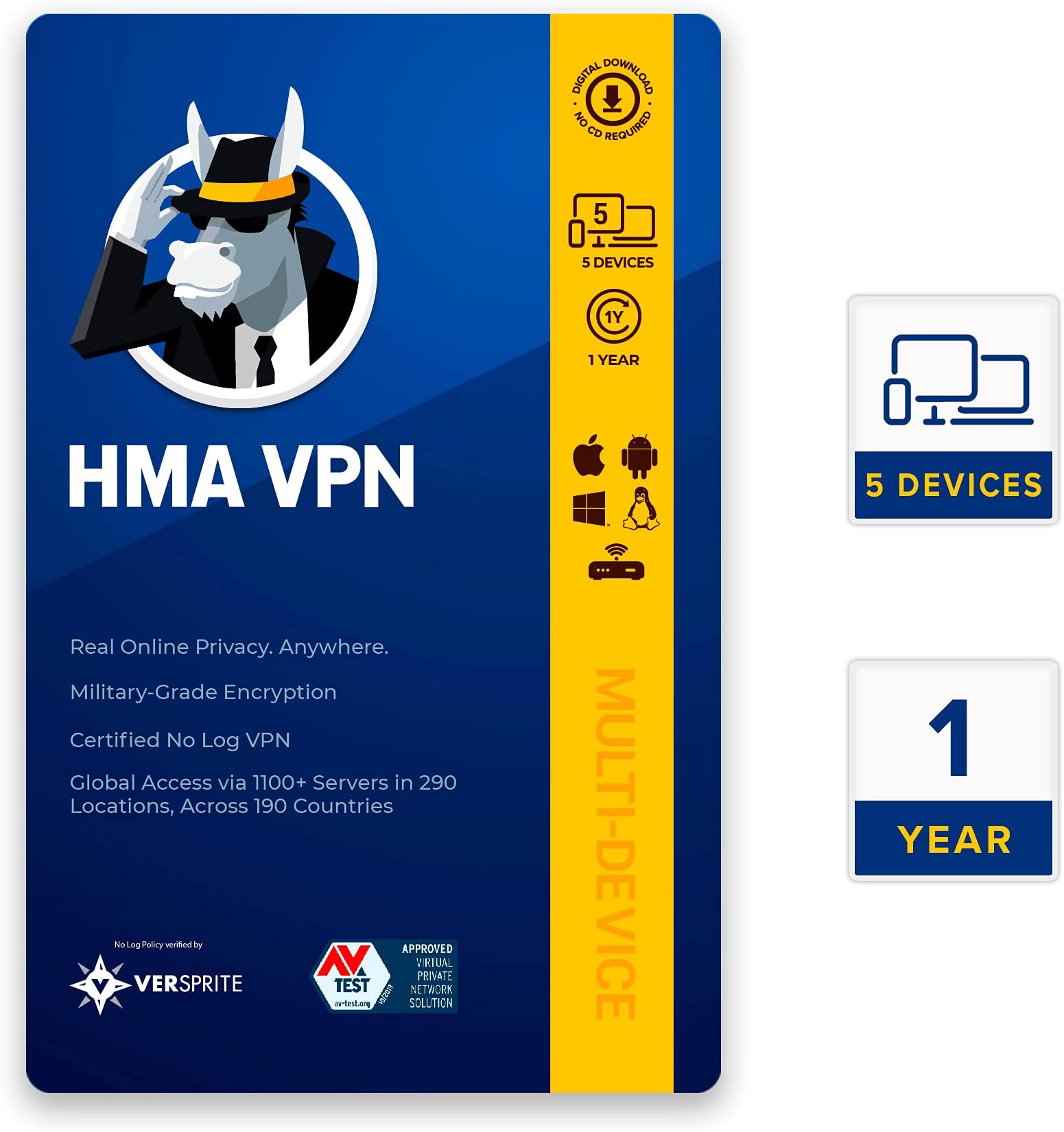 HMA VPN (5 Devices | 1 Year) (Premium Pro VPN) (PC, Mac, iOS, Android, Android TV, Linux, Routers) (Email Delivery in 2 hours- No CD)
