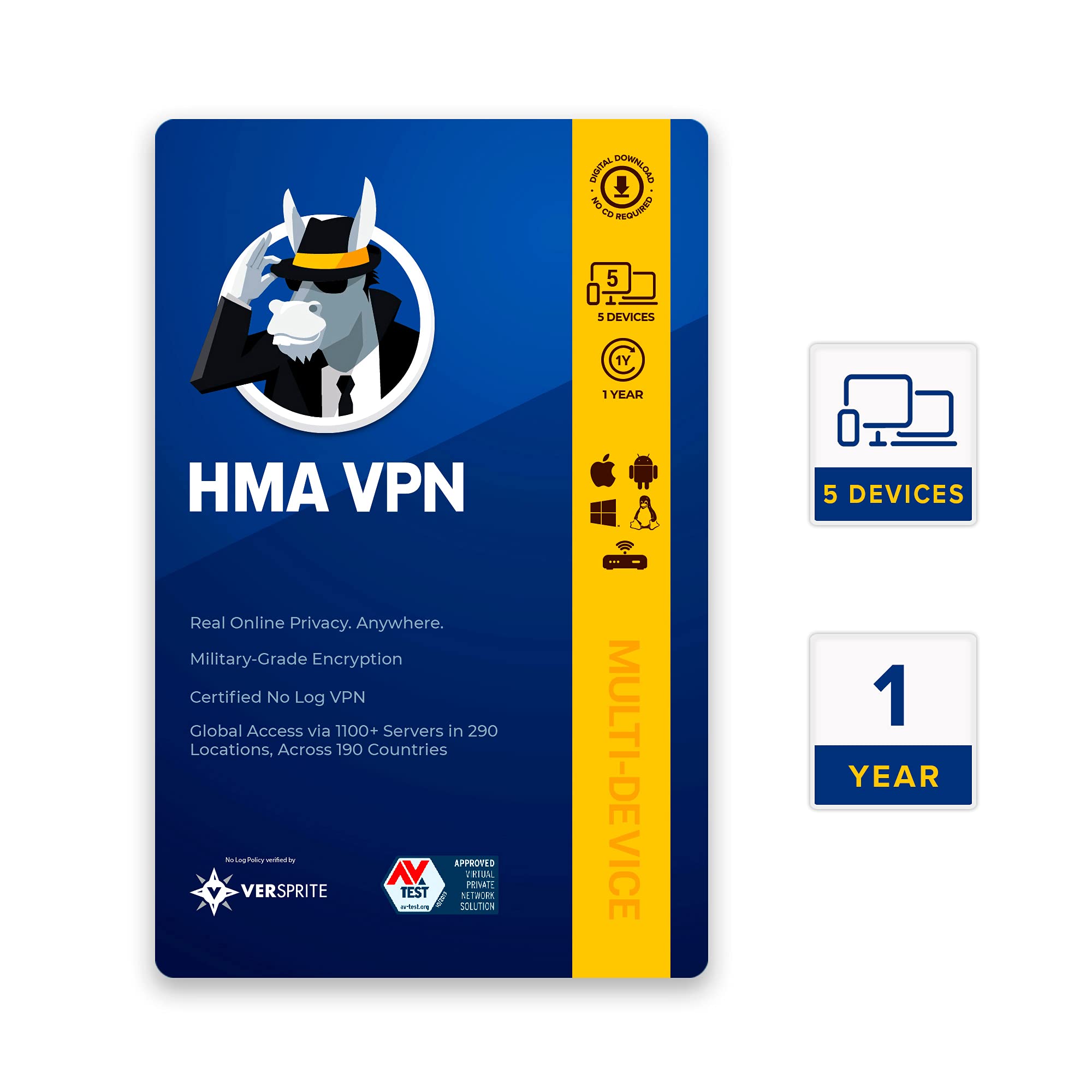 HMA VPN (5 Devices | 1 Year) (Premium Pro VPN) (PC, Mac, iOS, Android, Android TV, Linux, Routers) (Email Delivery in 2 hours- No CD)