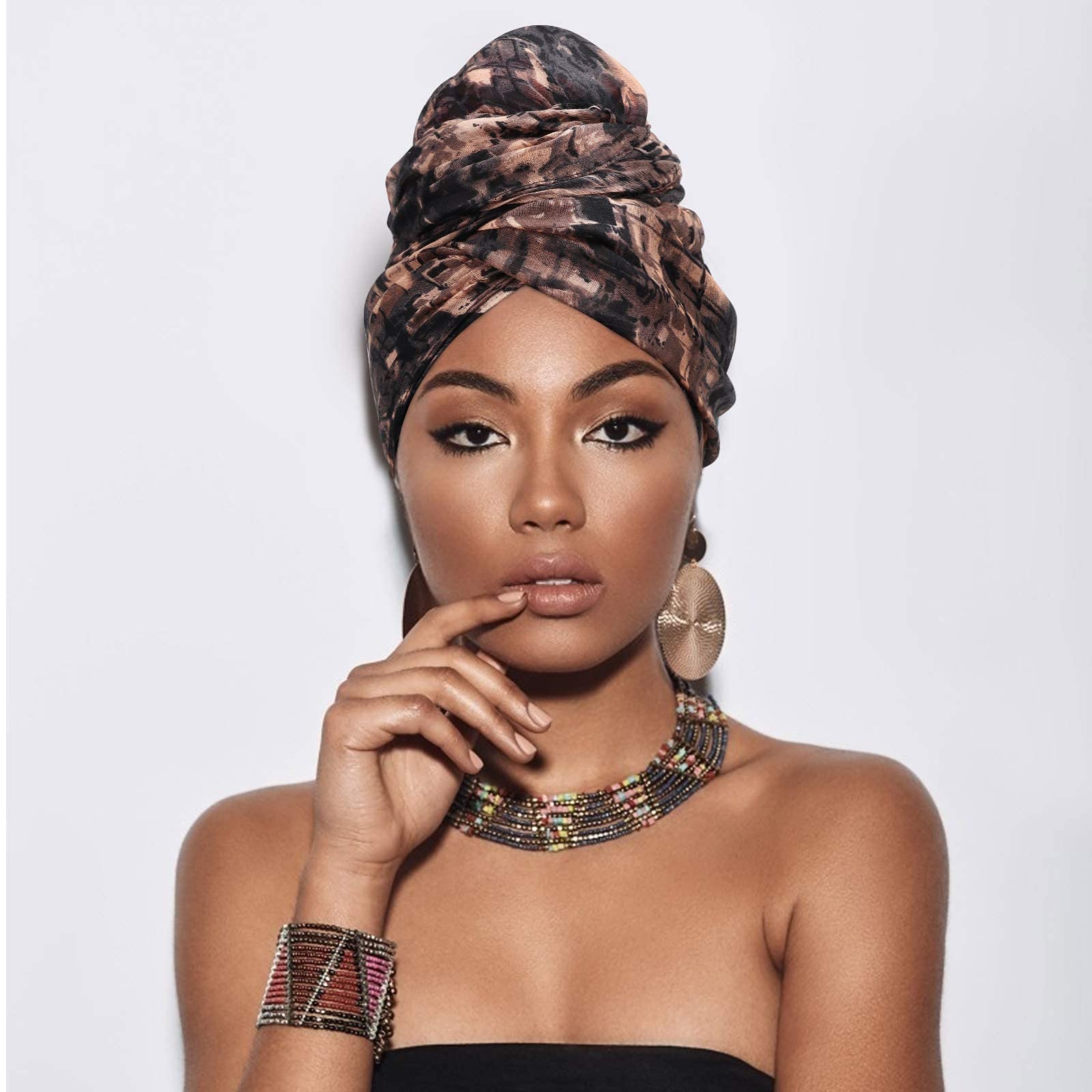 5 paquetes de vendas anudadas para mujeres con turbante africano preanudado Beanie Headwraps, talla única , Paquete de 2: turbante bufanda con estampado de flores 2
