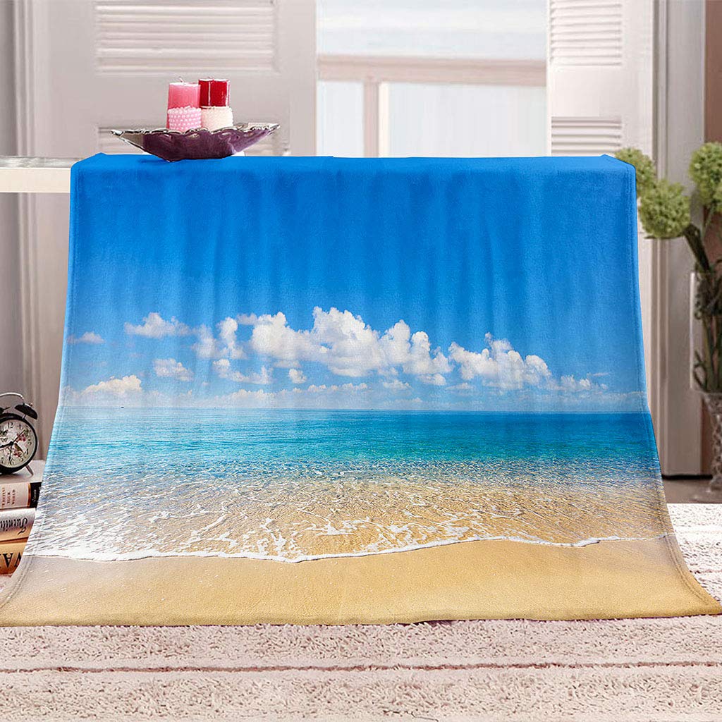 Coperta Pile Letto Matrimoniale 180X200Cm Cielo Azzurro E Vista Mare Stampata Motivo, Coperte Invernale Di Flanella Morbido In Peluche Per Letto/Divano/Sedie, Leggere, Calda, Accoglienti