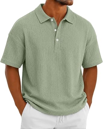 Linen Shirts for Men Textured Short Sleeve Casual Polo Shirt Regular Fit Collared Golf Shirts Tops