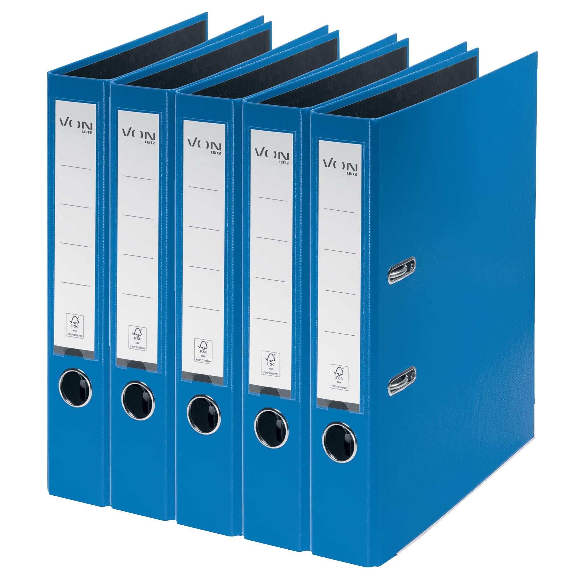 VON Leitz Pack of 5 A4 Folders, Cardboard with Plastic Cover, 50 mm Spine Width, for 350 Sheets, FSC-Certified Cardboard, for School, Study & Home, Blue, 10561035