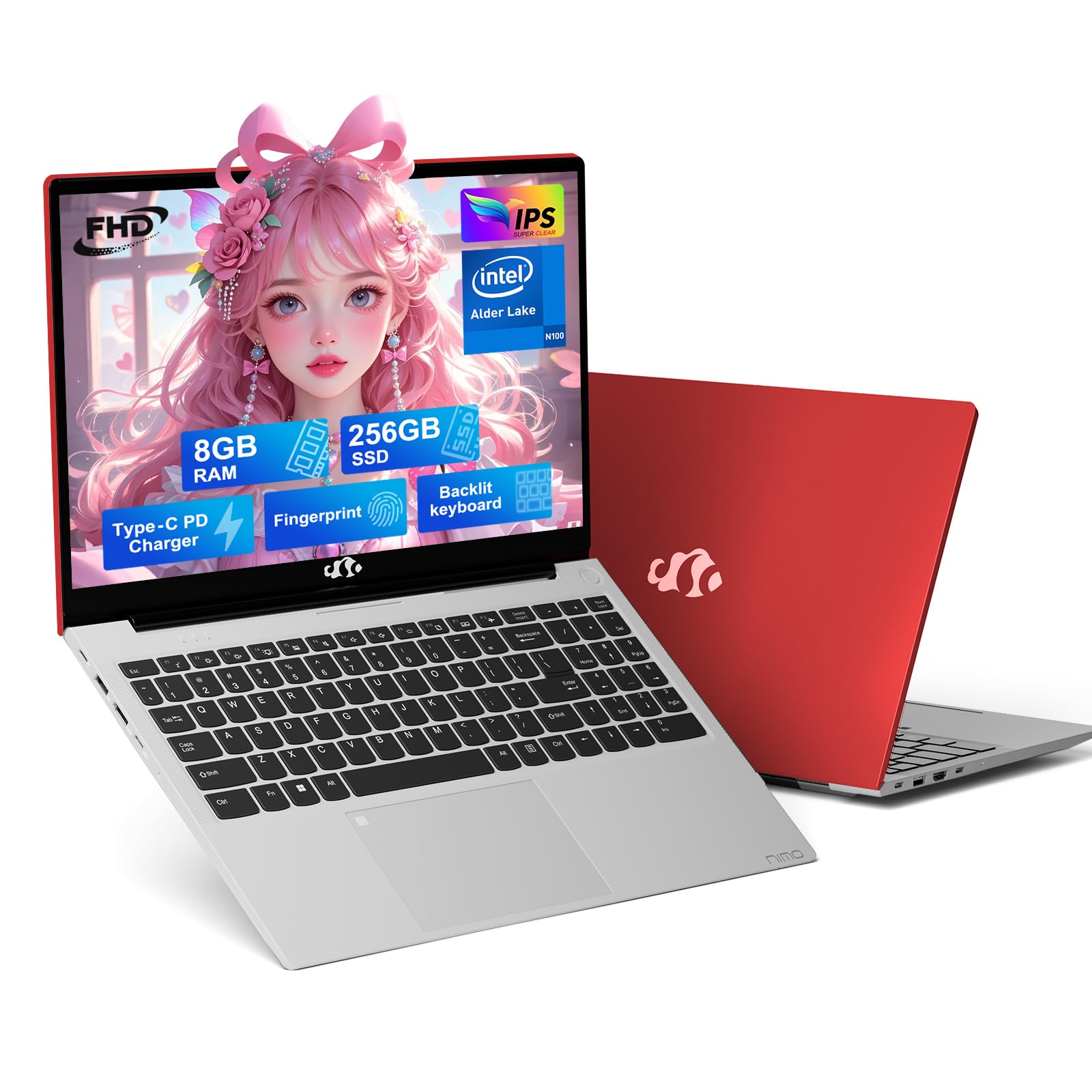 NIMO 15.6 IPS-FHD-Laptop, Intel Pentium 4 Cores N100 8GB RAM 256GB SSD Backlit Keyboard Fingerprint (Beat to i3-1115G4 Up to 3.4GHz) Computer for Student-Home WiFi 6 BT5.2 Win 11