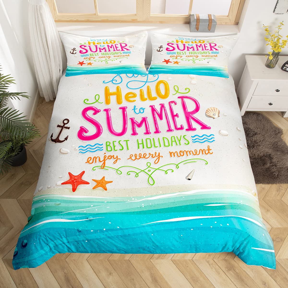 Beach Summer Kids Duvet Cover Set Single Size,Seawater Starfish Shell Romantic Bedding Set,Teens Adults Room Decor,Anchor Nautical Best Holiday Comforter Cover,Colorful Quilt Cover,1 Pillowcase โ image 1
