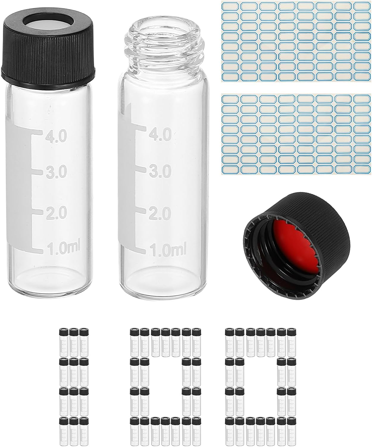 PATIKIL 4ml Autosampler Vial, 100Pcs HPLC/GC Vials 9-425 Lab Clear Vials Sample Vial Screw Cap Writing Patch PTFE & Silicone Septa with Labels for LC Stamper