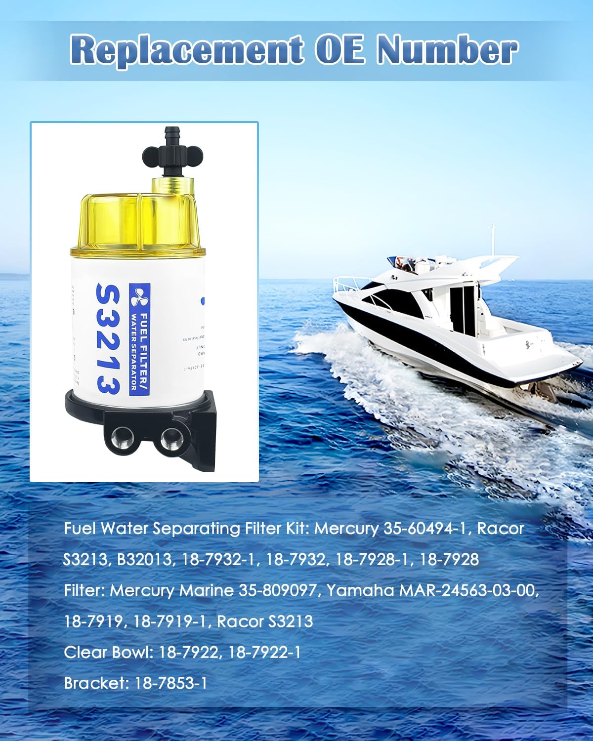 S3213 Fuel Water Separator Filter Assembly, Marine Fuel Filter Compatible with Yamaha Mercury Racor Sierra Suzuki Outboard, Replaces# S3213, 18-17928, 35-809097, 35-60494-1, 18-7932-1