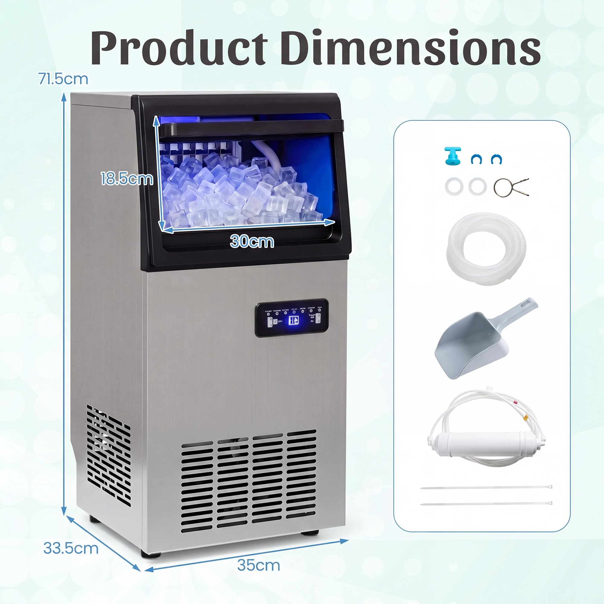 LIFEZEAL Macchina del Ghiaccio Professionale 50kg/24h, Riserva 11 kg | Fabbricatore per Cubetti Commerciale in Acciaio Inox, 36 Cubetti in 13 Minuti, con Paletta e Tubo con Filtro per Casa e Bar