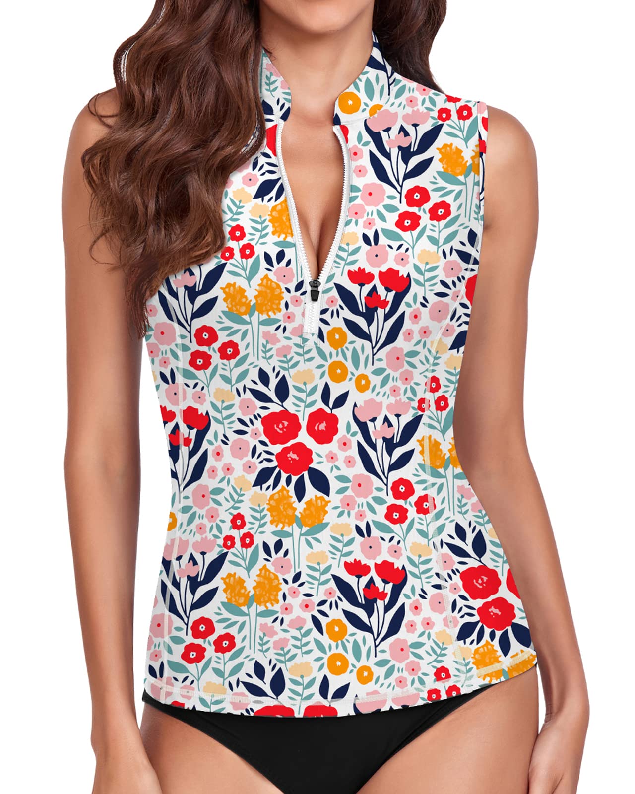 WOWENY Women's Rash Guard Buit-in Bra Tankini Swimsuit Tops Sleeveless Swim Shirts Bathing Suit No Bottoms