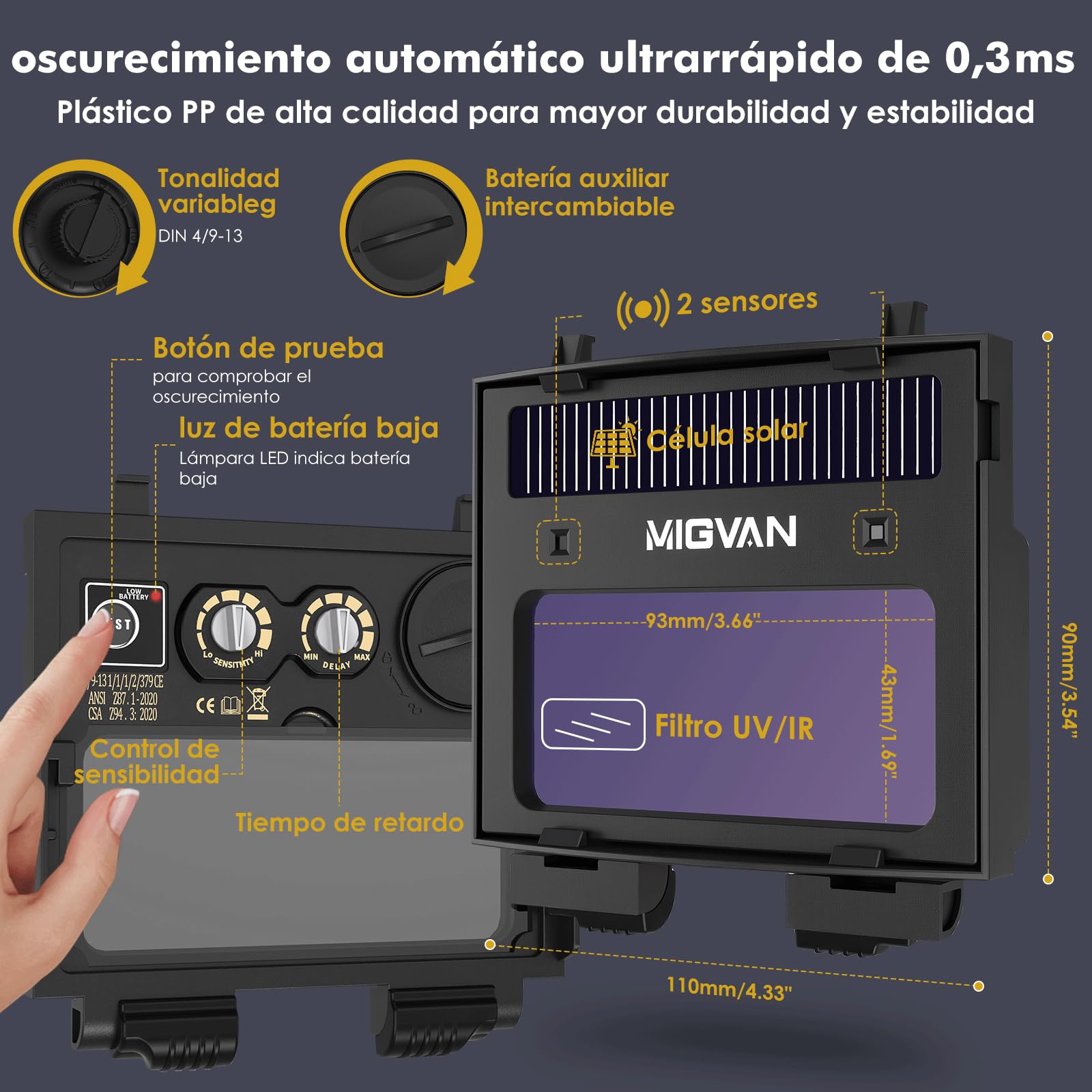 Careta Soldar Automática True-Color – 0,3 ms de oscurecimiento, Solar y batería, Careta de soldar, DIN 4/9–13, 93×43 mm – Máscara soldar Ligera para MIG TIG MMA ARC, H-11