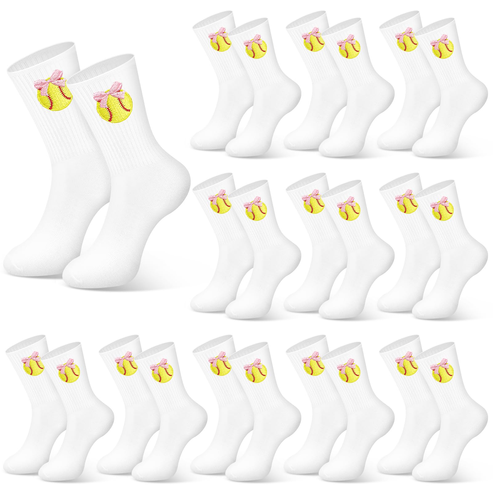 Glitopper 12 Pairs Team Socks Gifts Bulk for Women, Pink Bow Softball Embroidered Socks Gifts Bulk for Women Girls