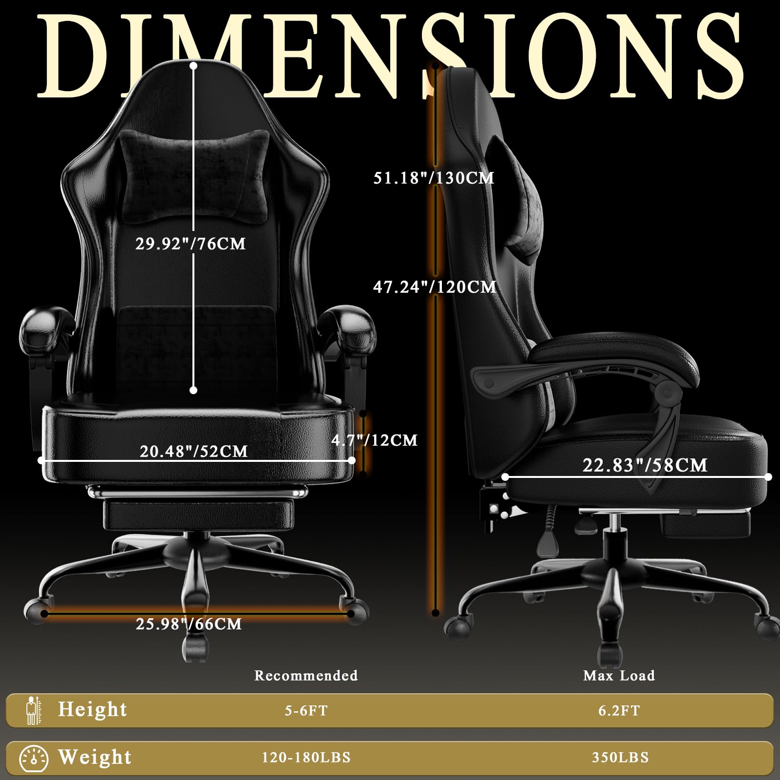 Chaise Gaming pour Adulte, Chaise de Bureau Ergonomique avec Dossier réglable, Fauteuil Gaming avec Appui-tête et Soutien Lombaire, Siege Gaming Rotatif avec Accoudoir (Noir Profond)