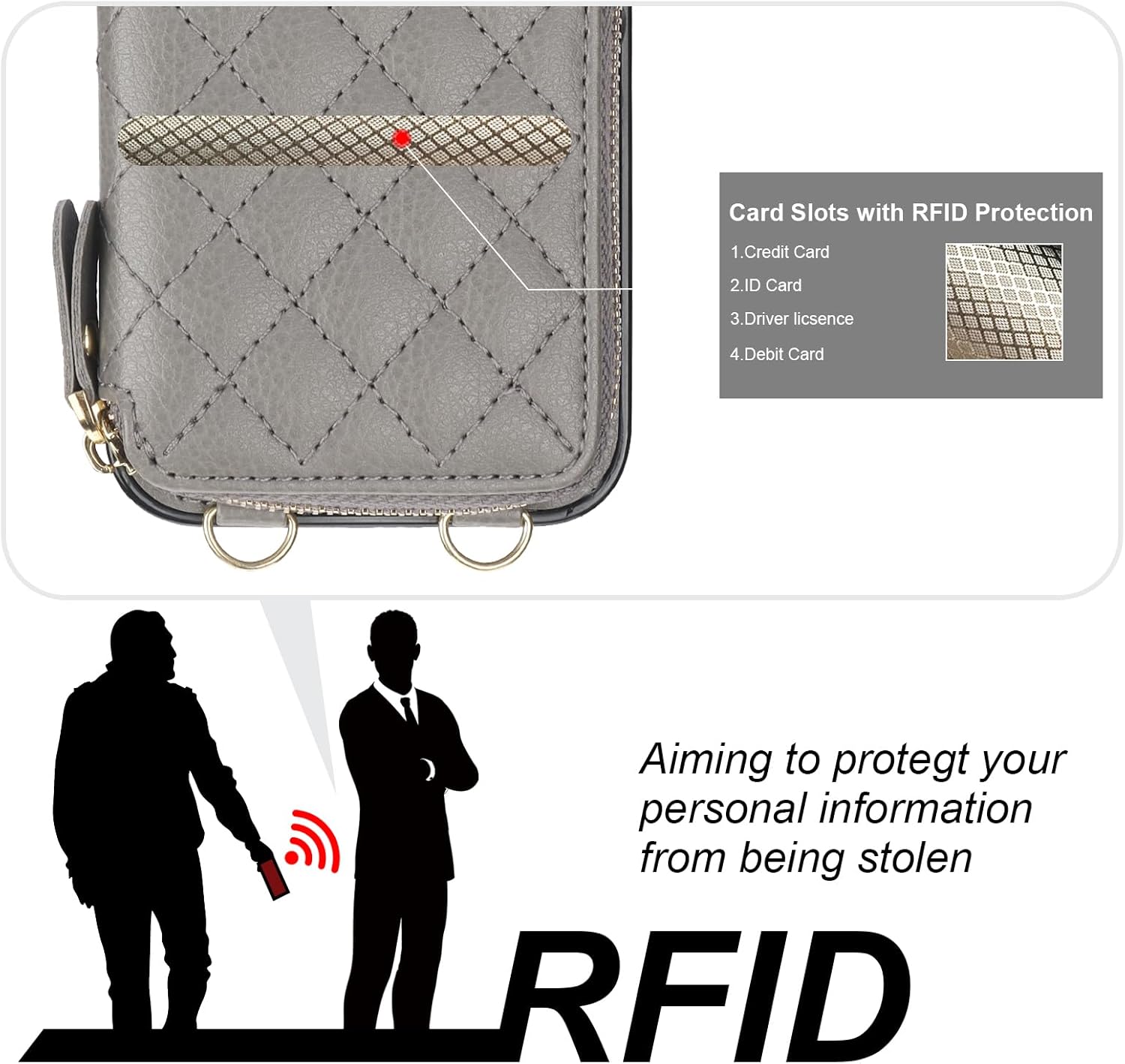 Bocasal Crossbody Wallet Case for iPhone 13, RFID Blocking PU Leather Zipper Handbag Purse Flip Cover, Kickstand Folio Case with Card Slots Holder Wrist Strap Lanyard 5G 6.1 Inch (Grey)