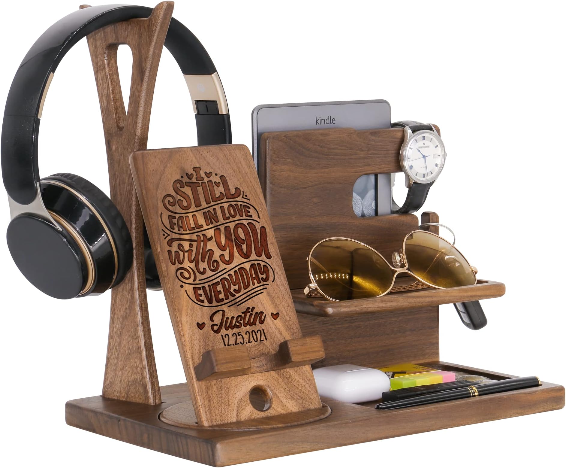 Personalized Gift for Husband - Desk Organizer with Headphone Stand, Phone Docking Station, Nightstand Anniversary Birthday Christmas Gifts Dad Boyfriend (Custom Husband)