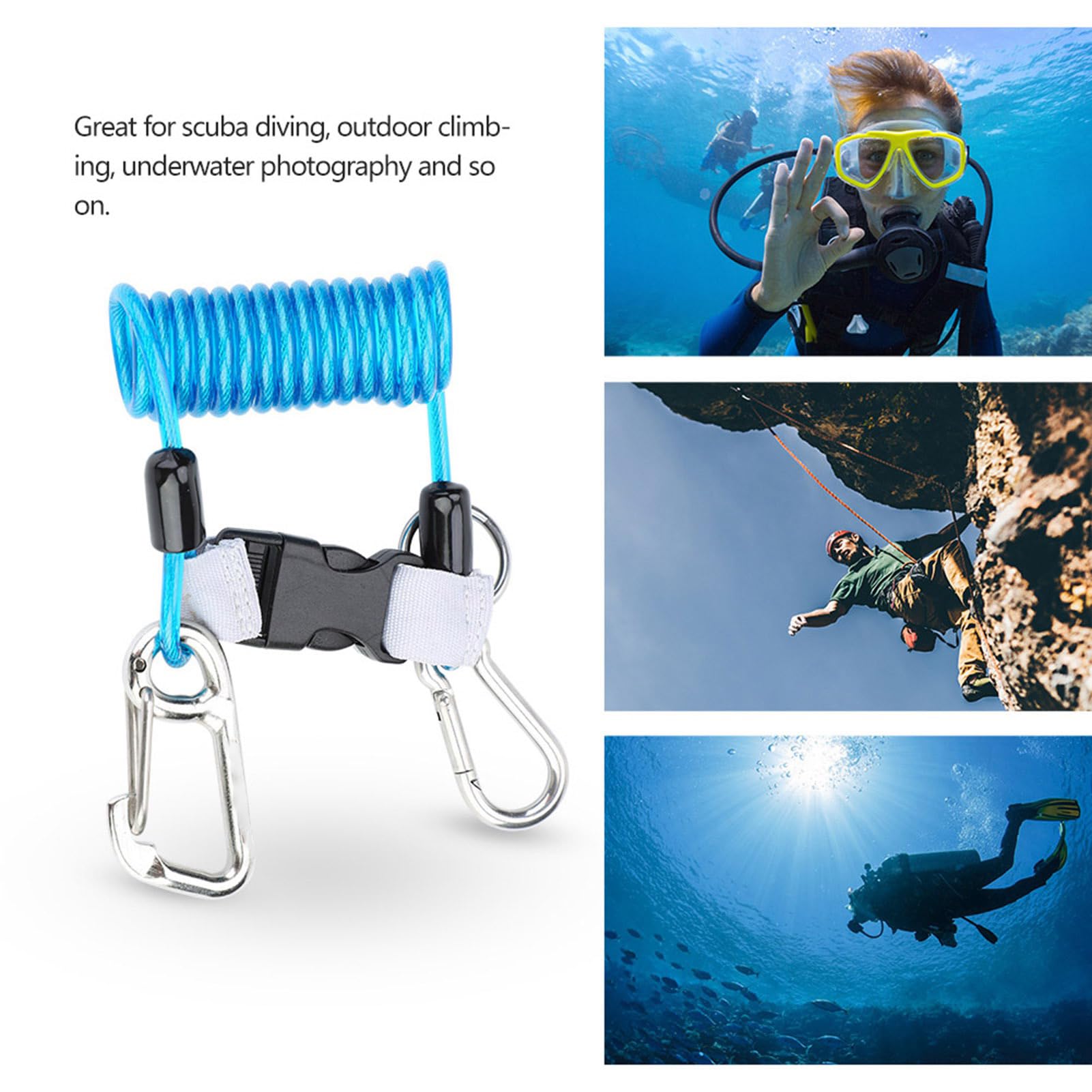 Diving Lanyard, Keep Diving Anti Lost Spring Coil Lanyard Safety Emergency Tool with Quick Release for Cameras and Dive Lights (Blue)