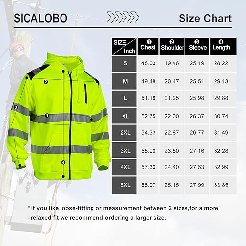 Miniatura 7 de Sicalobo Men's High Visibility Safety Sweatshirt,ANSI Class 3 Zipper Reflective Work Hoodie,Hi Vis Hooded Pullover Workwear