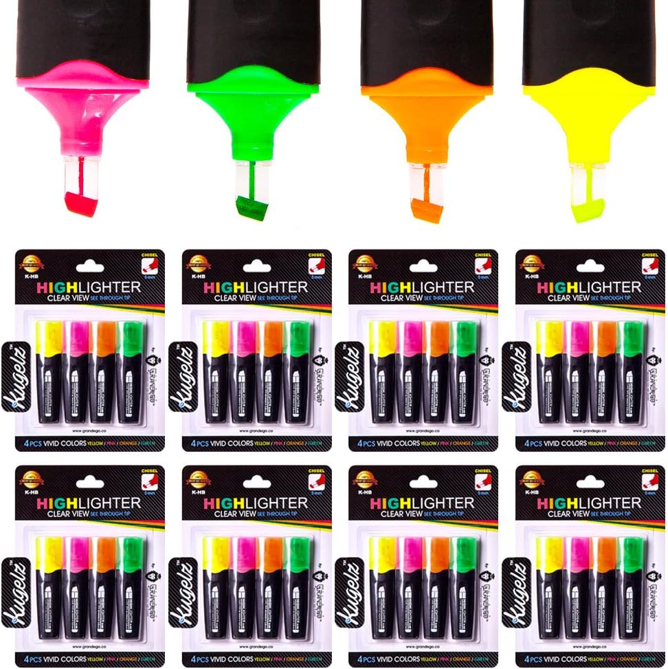KUGELZ Assorted Highlighter Markers 32/Set | for Highlighting Underlining Writing – School & Office – 4 Vibrant Colors – Yellow, Pink, Orange, Green – Clear View 5mm Chisel Tip – Bulk Pack