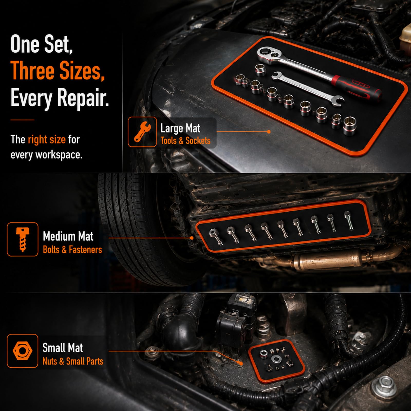 3-Piece Magnetic Tool Mat Set with Pickup Tool for Mechanics — Amazon image 2