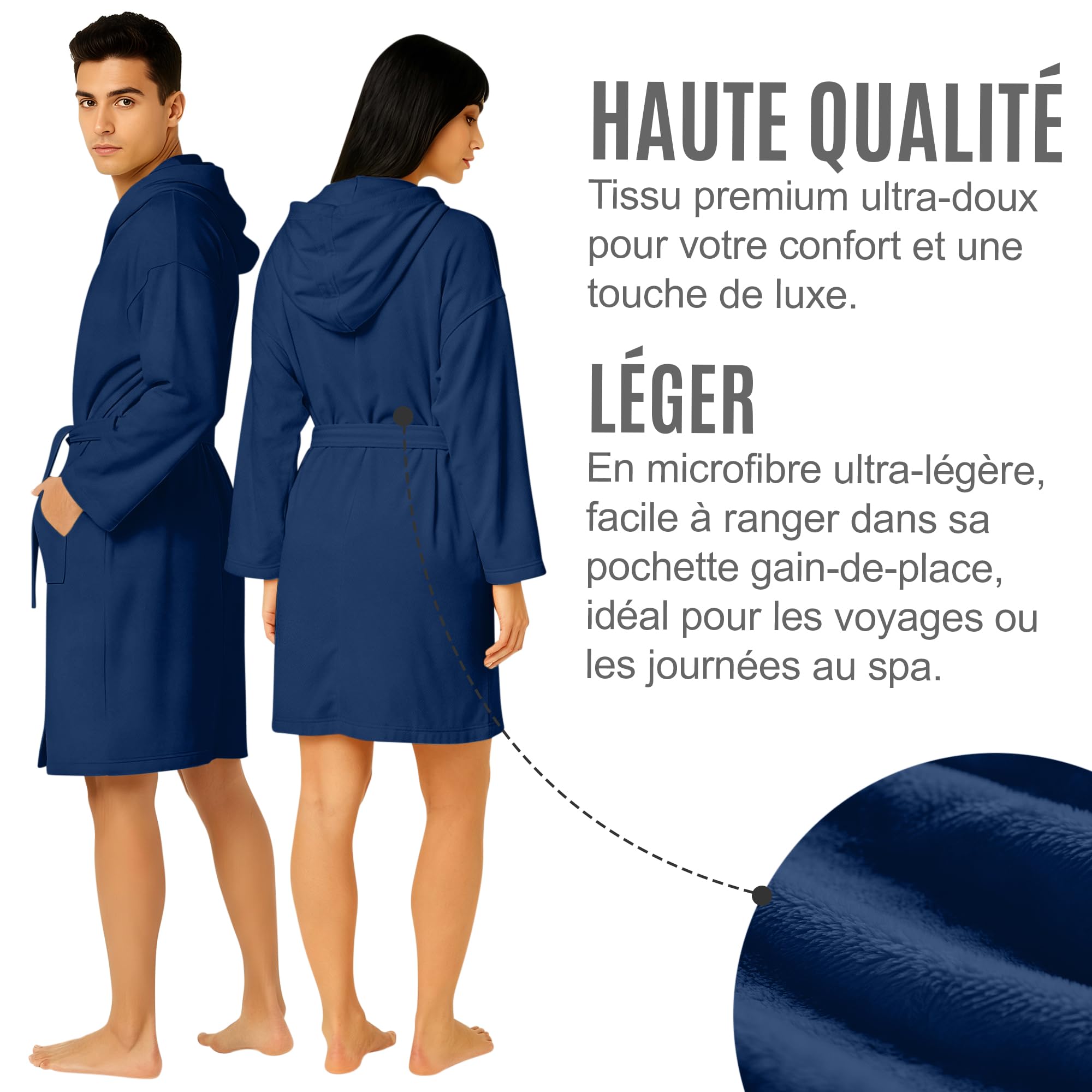 NARCISO Peignoir de Bain Femme Homme Microfibre avec Poches, Capuche et Ceinture, Peignoirs Homme Femme Idéal pour la Maison, les Voyages, la Salle de Sport, Séchage Rapide, Tailles S à XXL