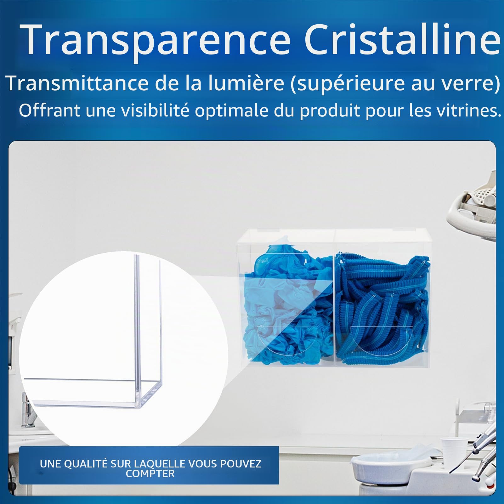 SEANADO Distributeur de gants en acrylique transparent avec couvercle, 2 compartiments, boîte de rangement hygiénique pour filets à barbe, filets à cheveux, sacs en plastique, couvre-chaussures