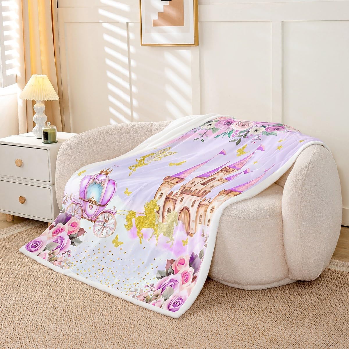 Erosebridal Purple Princess Throw Blanket for Girls Princess Carriage Castle Queen 90"X90" Fleece Bed Blanket Romantic Rose Fairy Sherpa Blanket Watercolor Pastel Girly Sweet Fuzzy Blanket