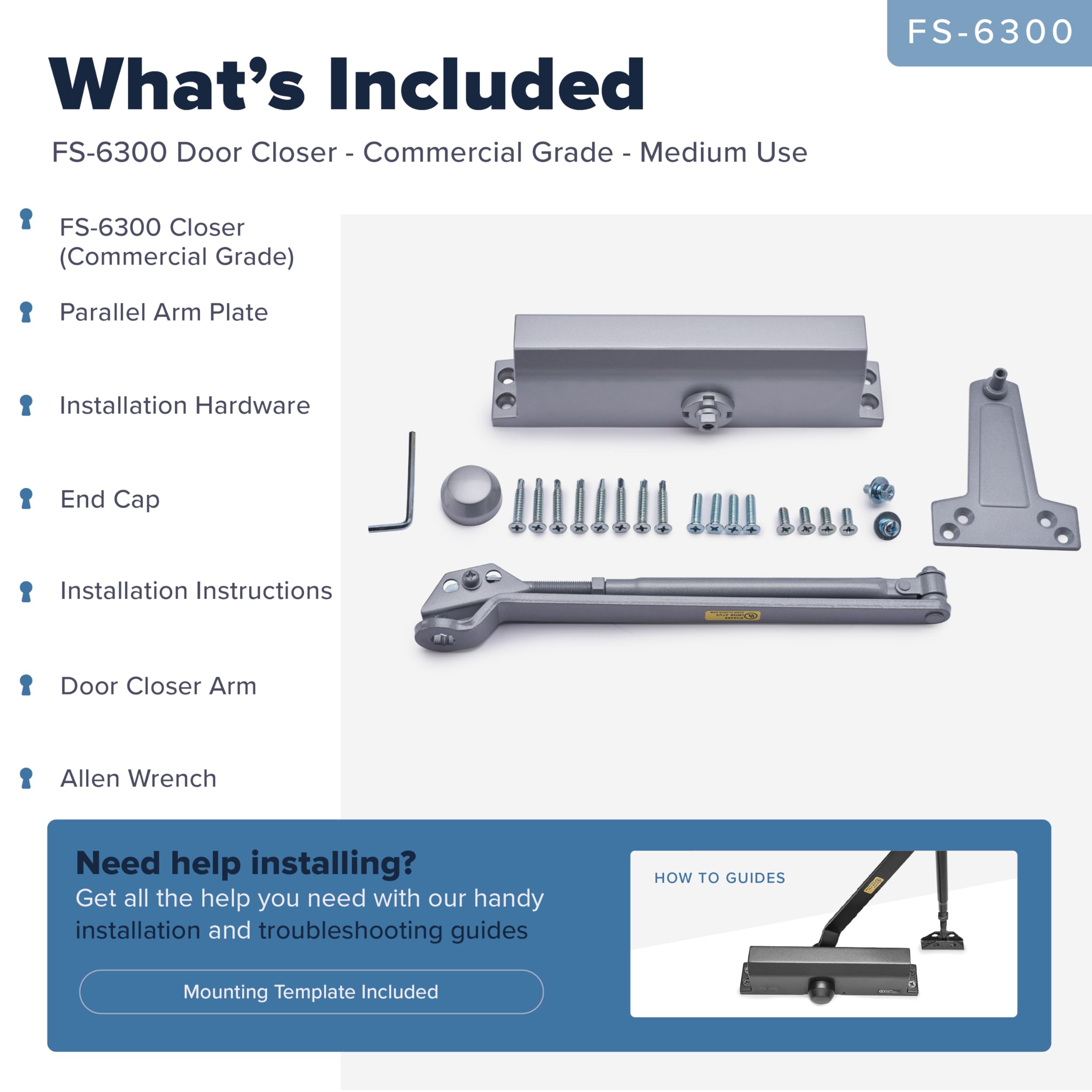Door Closer Lightweight Commercial Door Closer FS-6300, Size 4, w/Fitting Template - Regular, Top Jamb or Parallel Installation (Silver)