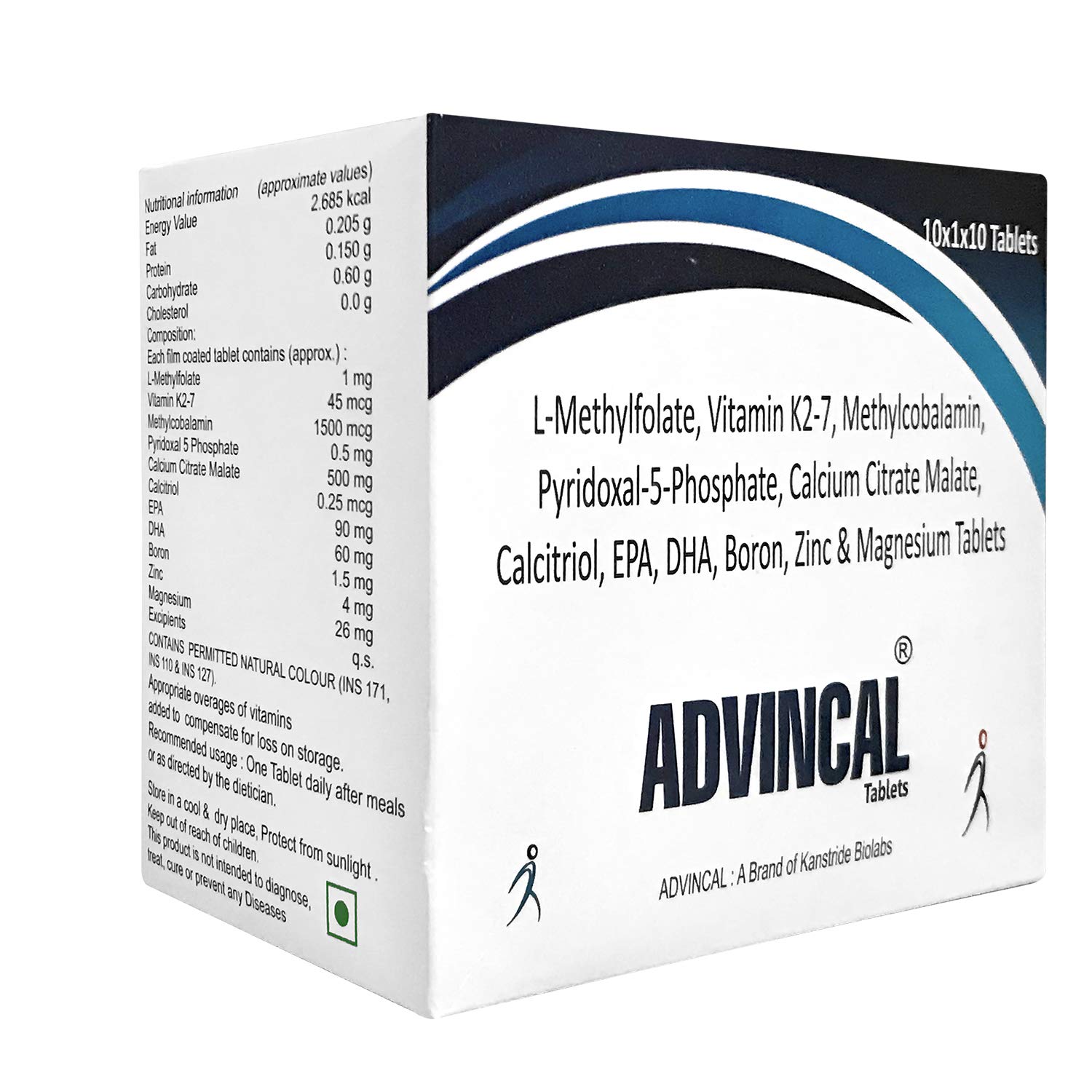 KANSTRIDE BIOLABS ADVINCAL Calcium Citrate Malate 500mg with L - Methylfolate, Methylcobalamin, Calcitrol, EPA, DHA, Boron, Mg and Zn - 100 Tablets (10 Strips of 10 Tablet Each)