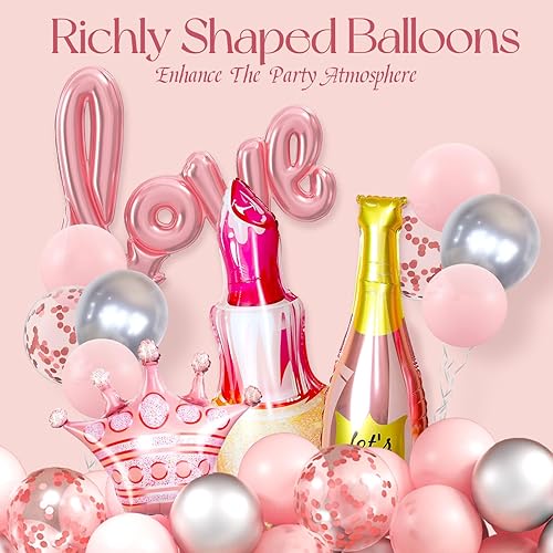 Miniatura 4 de Decoraciones de cumpleaños rosas para mujer con pancarta, cortinas de flecos, globos de aluminio con temática femenina, globos para decoraciones de