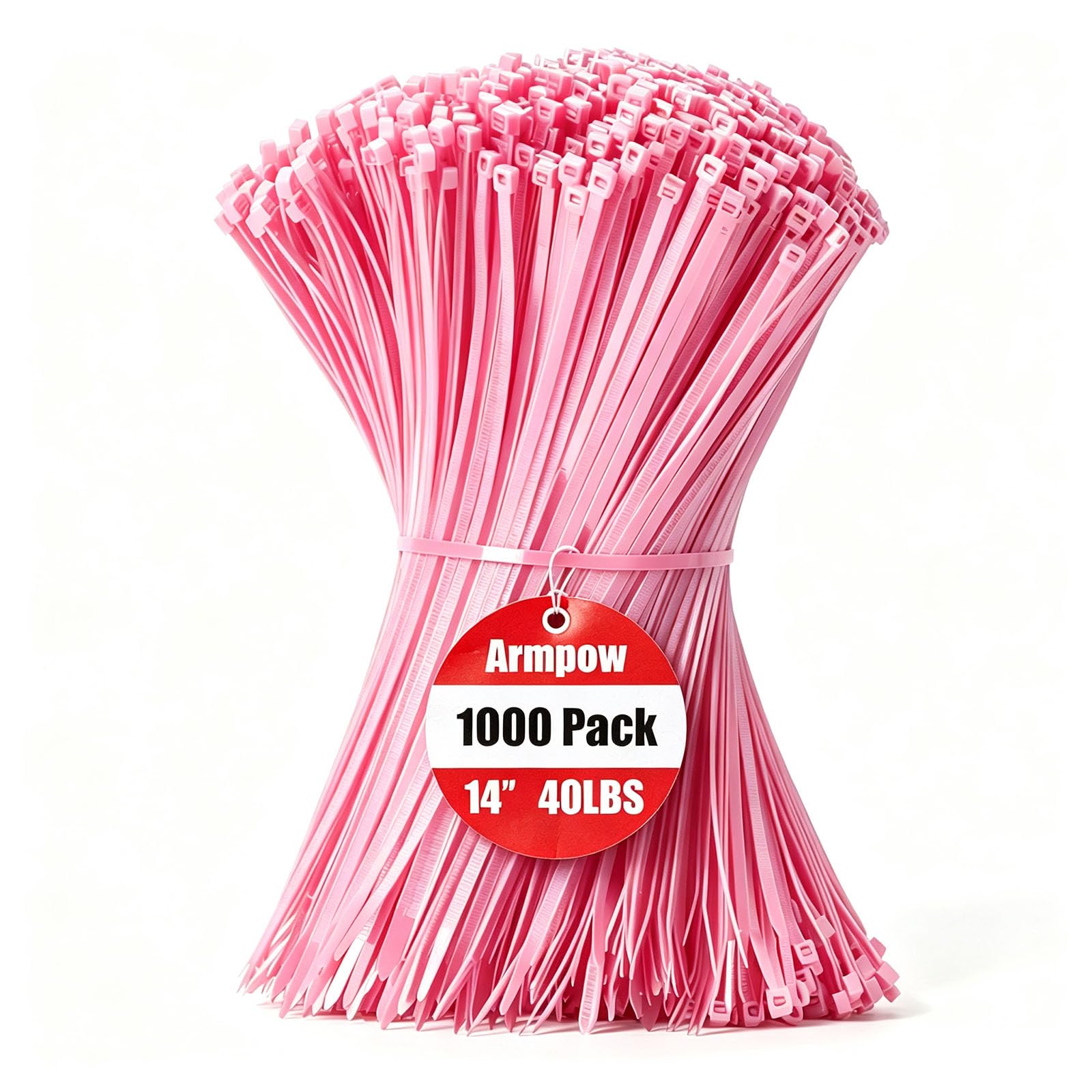 Armpow 14 Inch Zip Ties Pink 1000 PCS, 40 Lbs- Heavy Duty Tensile Strength, Nylon PA66 UV Resistant Cable Ties for Indoor and Outdoor Use - Ideal for object bundling and fastening