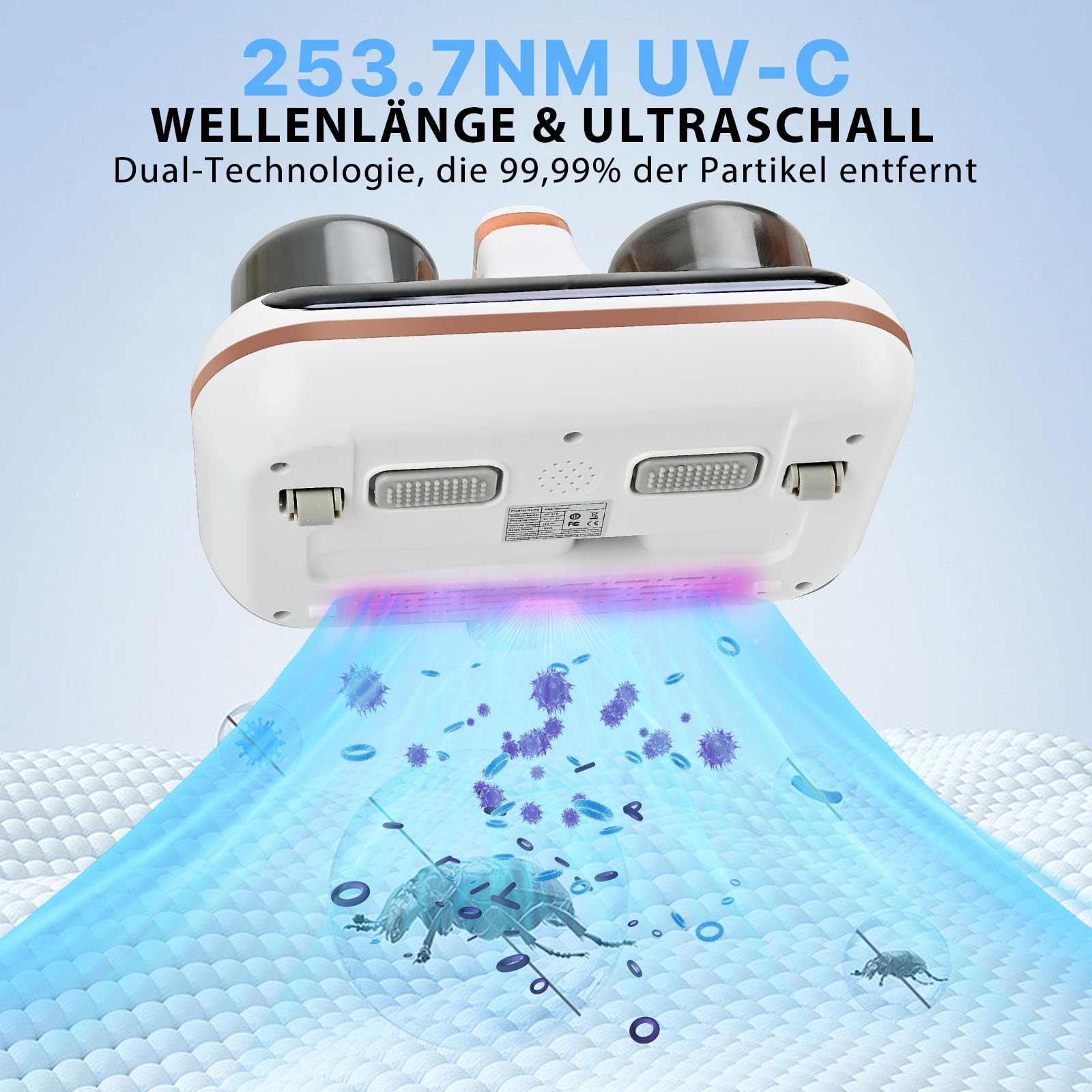 Kabelloser Matratzensauger 1000 W mit UV-Licht und Milbensensor, LED-Anzeige, entfernt 99,9% Allergene weiß