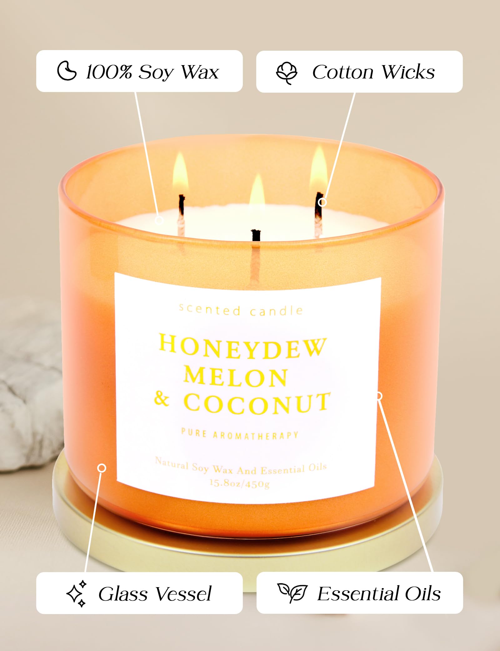 Honeydew - Vela de soja con aroma a melón y coco – Vela de soja grande con aroma de verano de 3 mechas – Velas relajantes de frutas tropicales para el hogar de 15.8 onzas, velas de aromaterapia para 5