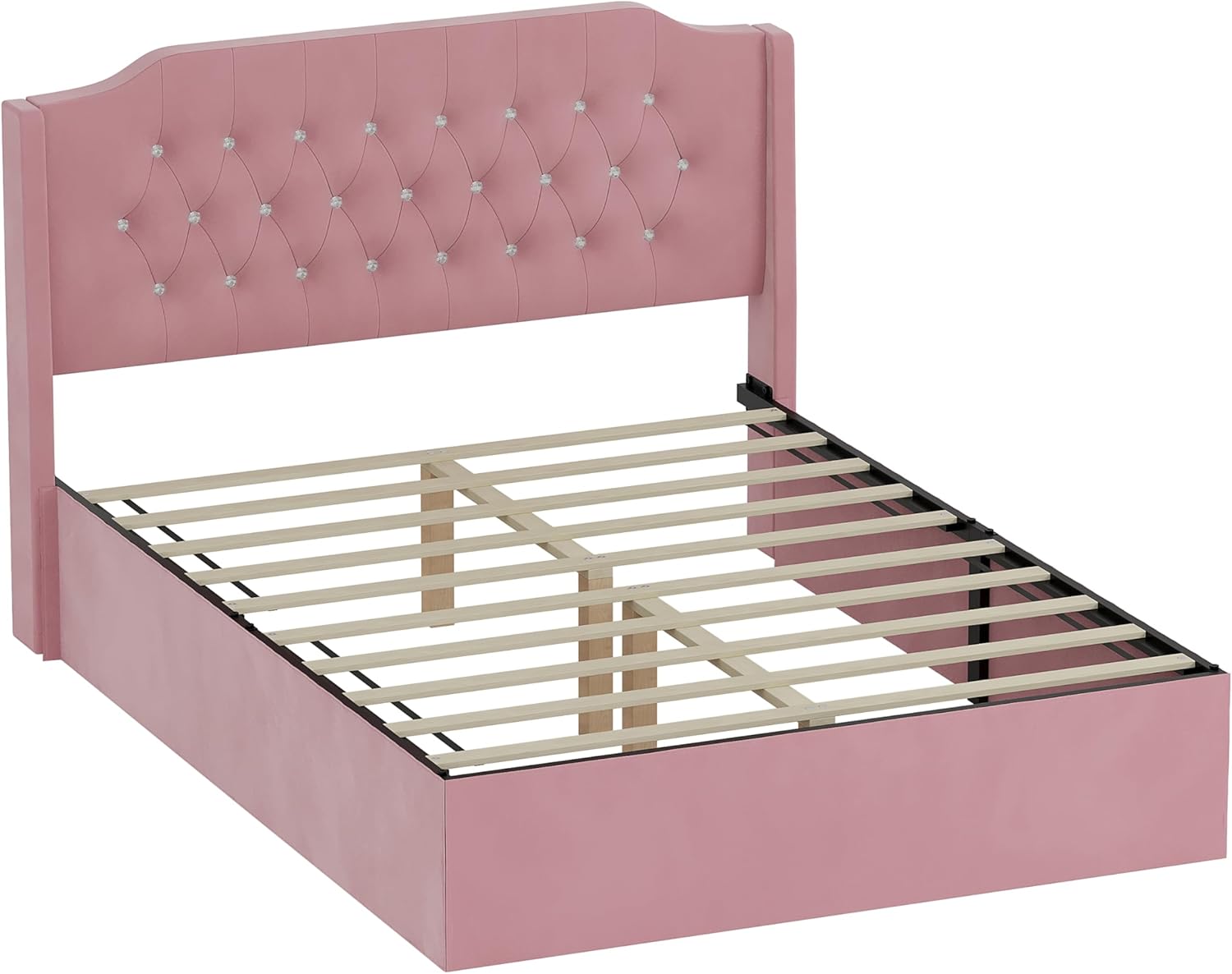 Harper & Bright Designs Queen Size Tufted Upholstered Bed Frame with Crystal Button Accents, Bed Frame with Wingback Headboard and Under-Bed Storage Space, No Box Spring Needed,Pink