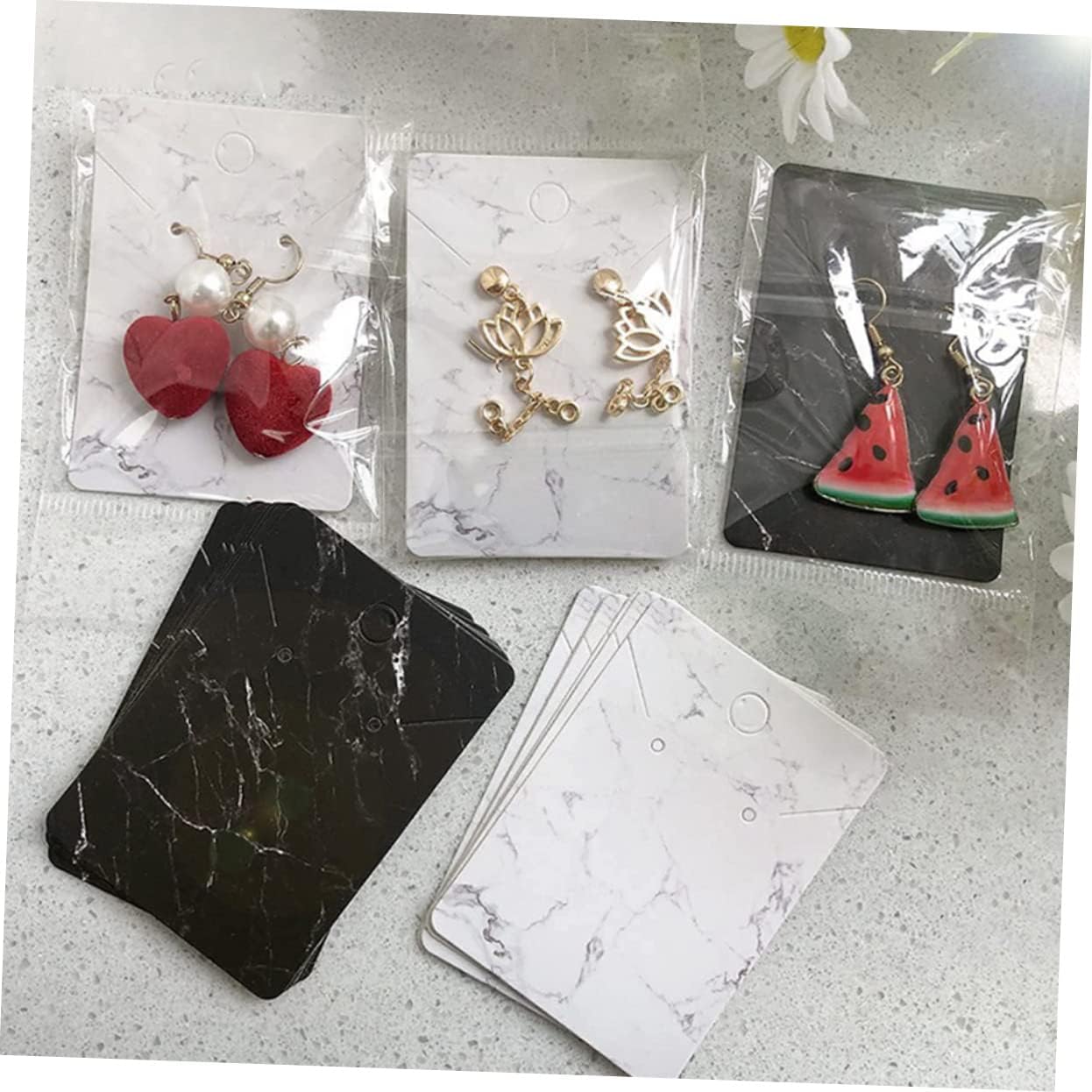 ULDIGI Marble Pattern Jewelry Display Cards Kit with Earring Backs and Transparent Bags for Earrings and Necklaces for Craft Shows and Retail