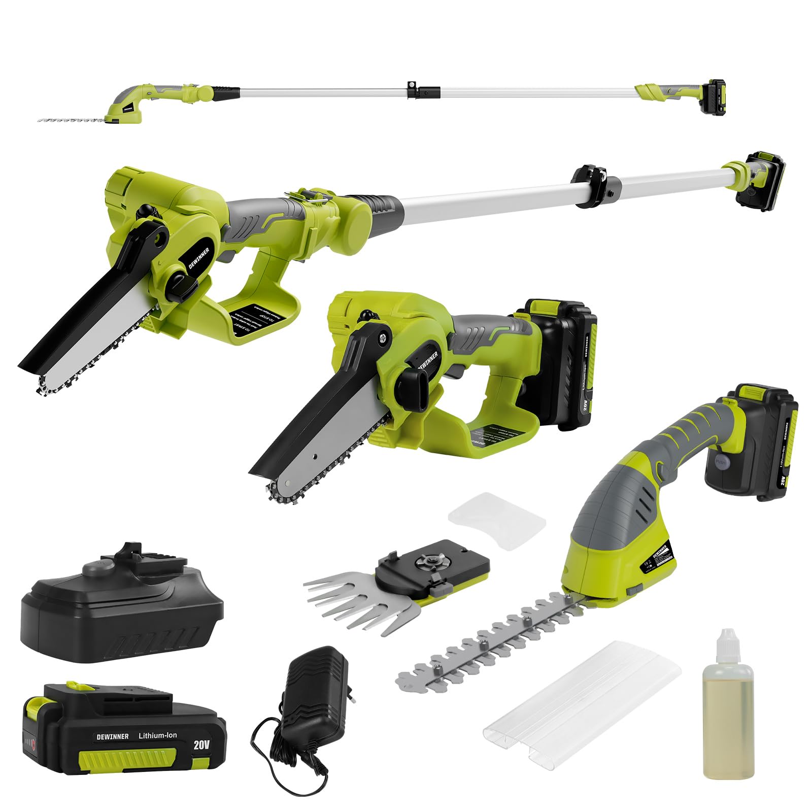 DEWINNER Cordless 3-in-1 Pole & Handheld Hedge Trimmer and Chainsaw, Telescopic Shaft, 254cm Long Reach Extendable Cutter for Hedges,Battery and Charger, Adjustable Head