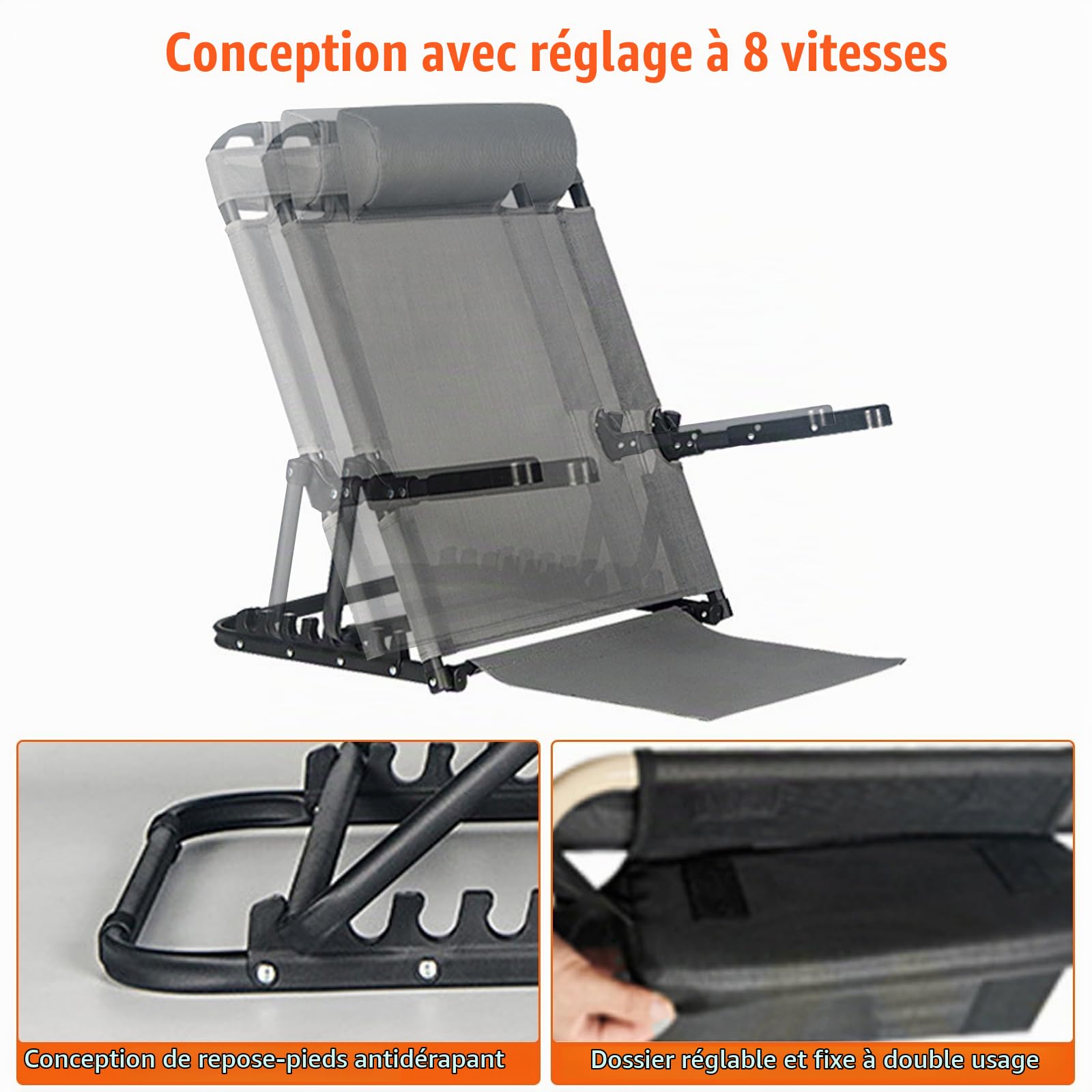 Support dorsal réglable (40 à 90 °), tapis de plage pliable avec dossier, dossier de lit réglable, pour s'asseoir dans le lit, les sièges de stade, les chaises de plage, les chaises de camping