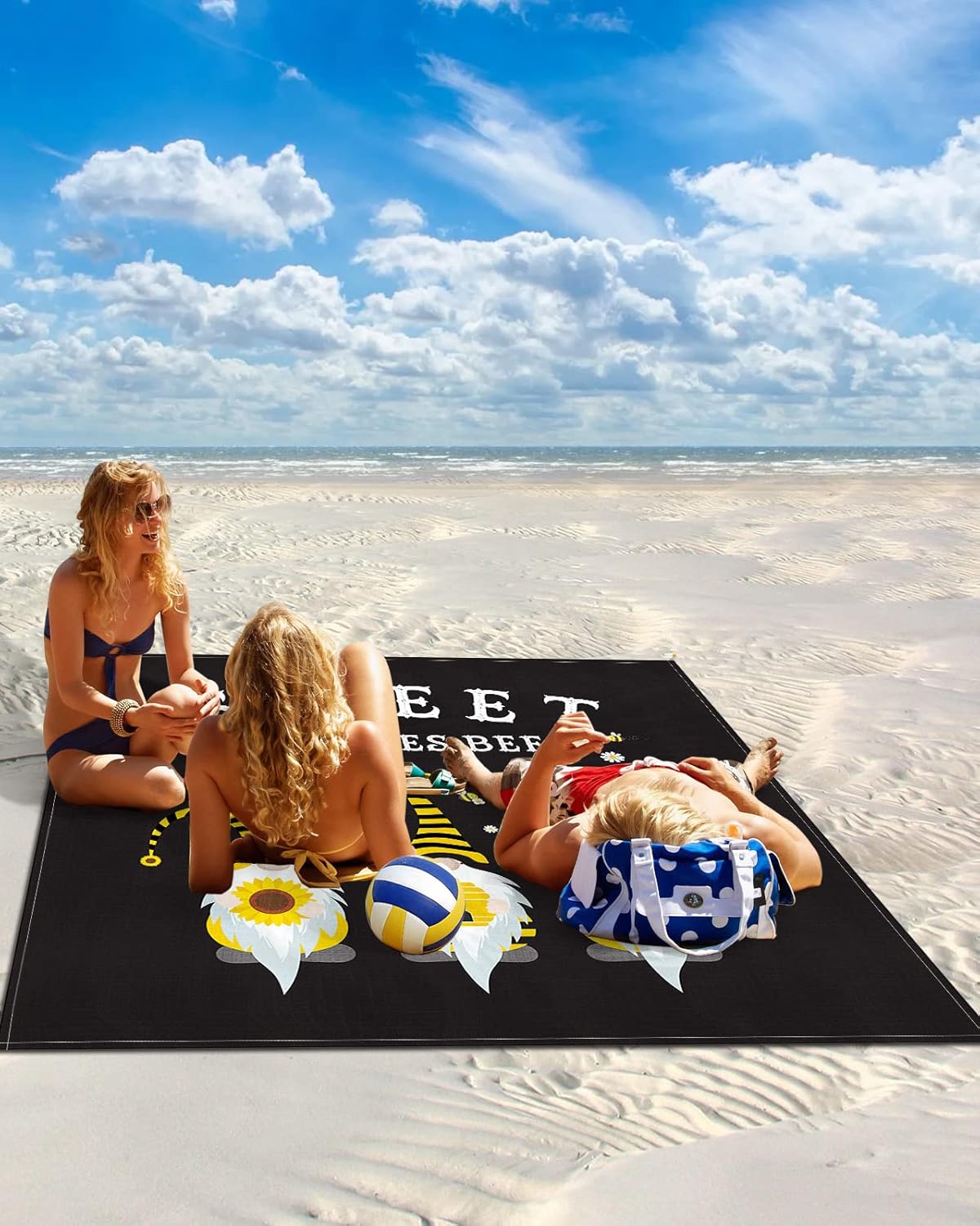 Daisy Flower and Bee with Gnomes Beach Blanket Waterproof Sandproof Outdoor Picnic Mat 118"x108" Yellow and Black Lightweight Large Beaach Blankets with 4 Stake & 4 Corner Pockets