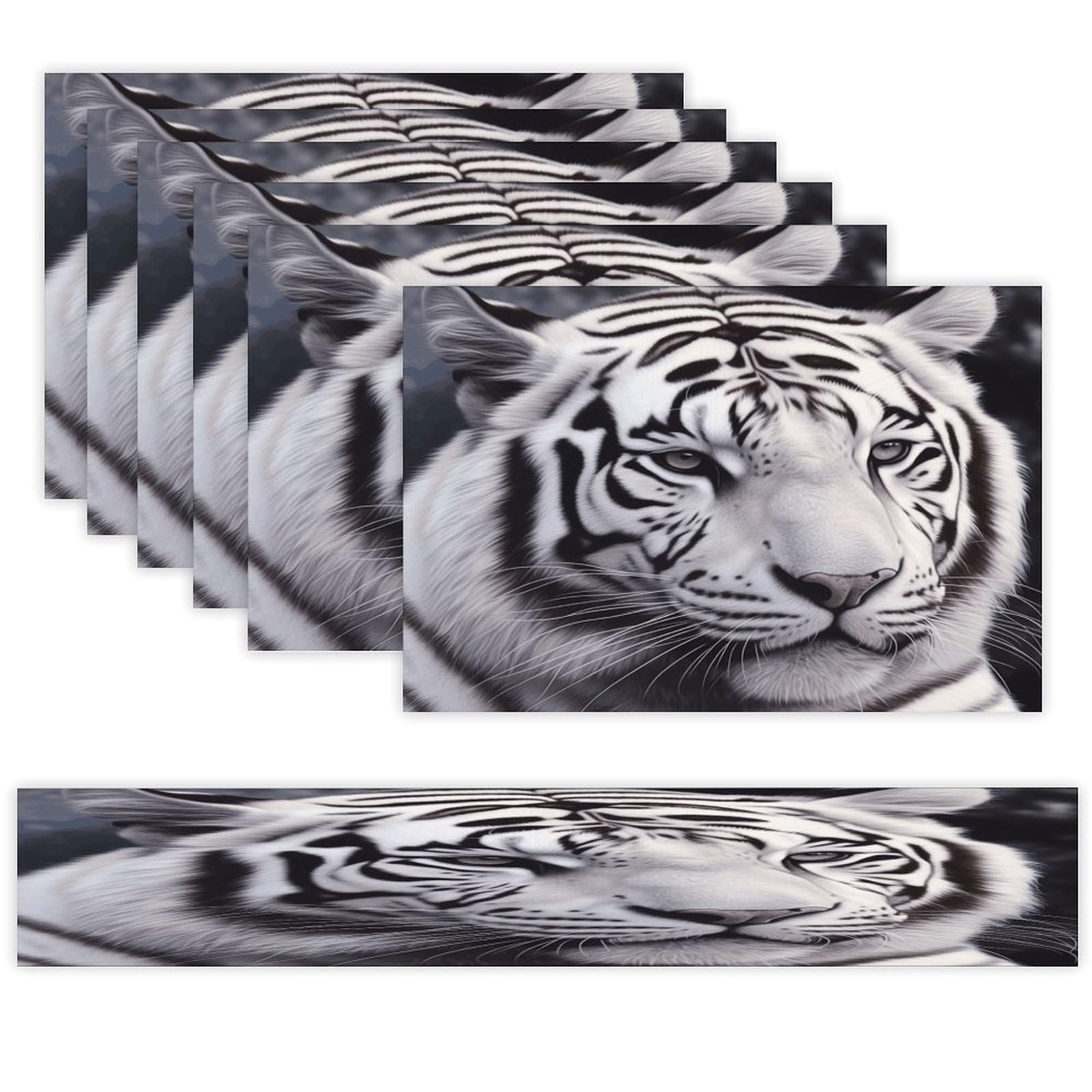White Tiger Table Runner and Placemats of 6 Washable Heat Resistant Place Mats with Table Runner Vintage Holiday Table Mat Set for Holiday Party Kitchen Dining Deco
