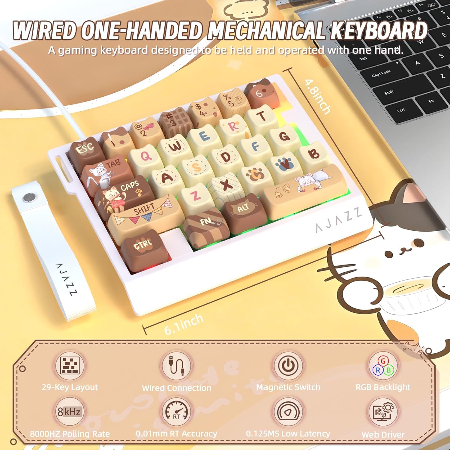 A.JAZZ AK029 Kabelgebundene Einhand-RGB-Gaming-Tastatur, 29-Tasten-Layout mit Magnetschalter, 8 kHz Abfragerate, HotSwap benutzerdefinierte mechanische Tastatur, einstellbare Betätigung