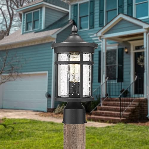 Miniatura 3 de Lámpara de poste para exteriores, 9 pulgadas de diámetro, farol exterior grande y moderno con acabado negro y vidrio sembrado, iluminación de poste
