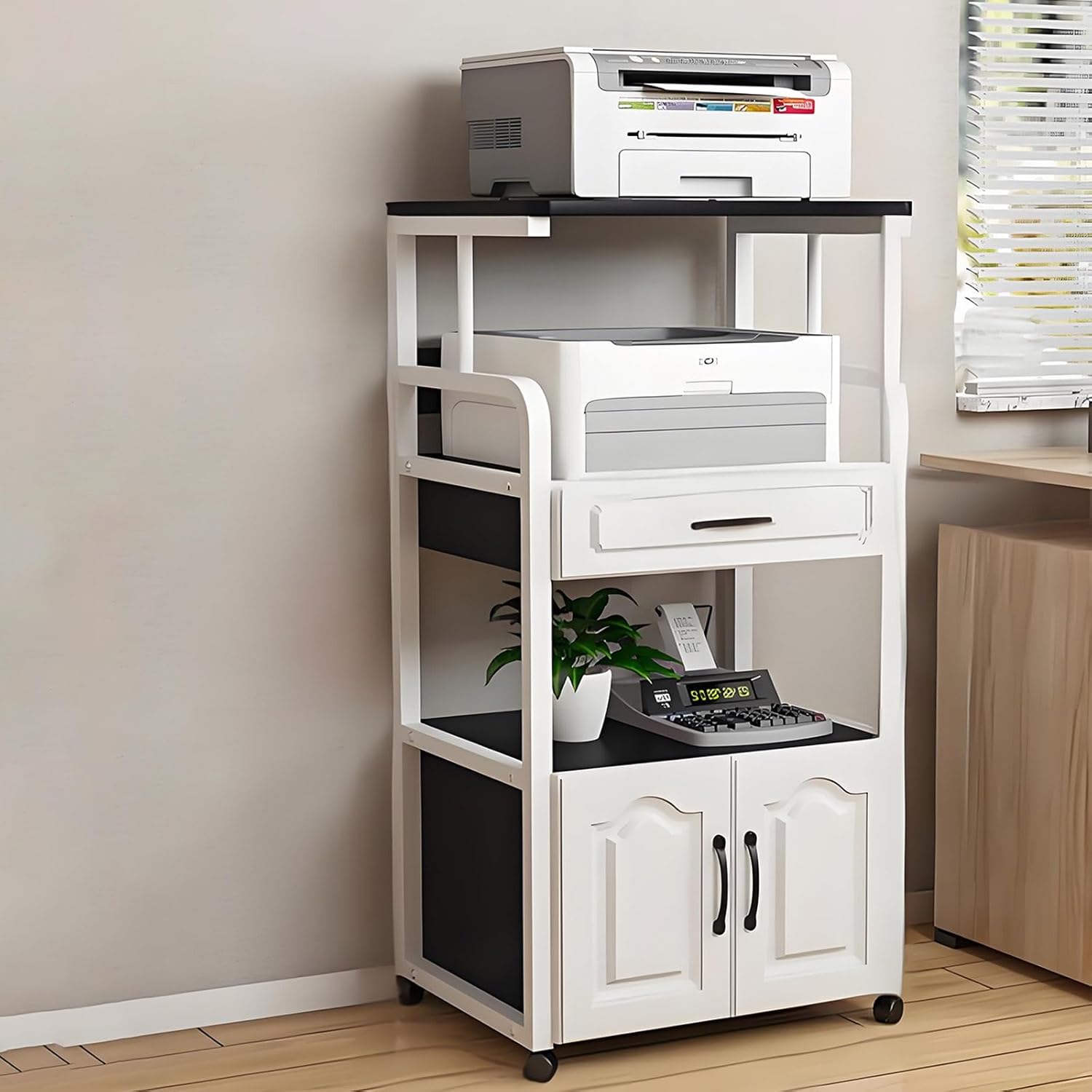 Modern Movable Record Player Stand - CD/DVD Audio Rack Tower, Stylish Audio-Video Media Stand for Stereo Equipment, Compact Design (W+Black, 55x40x112cm)