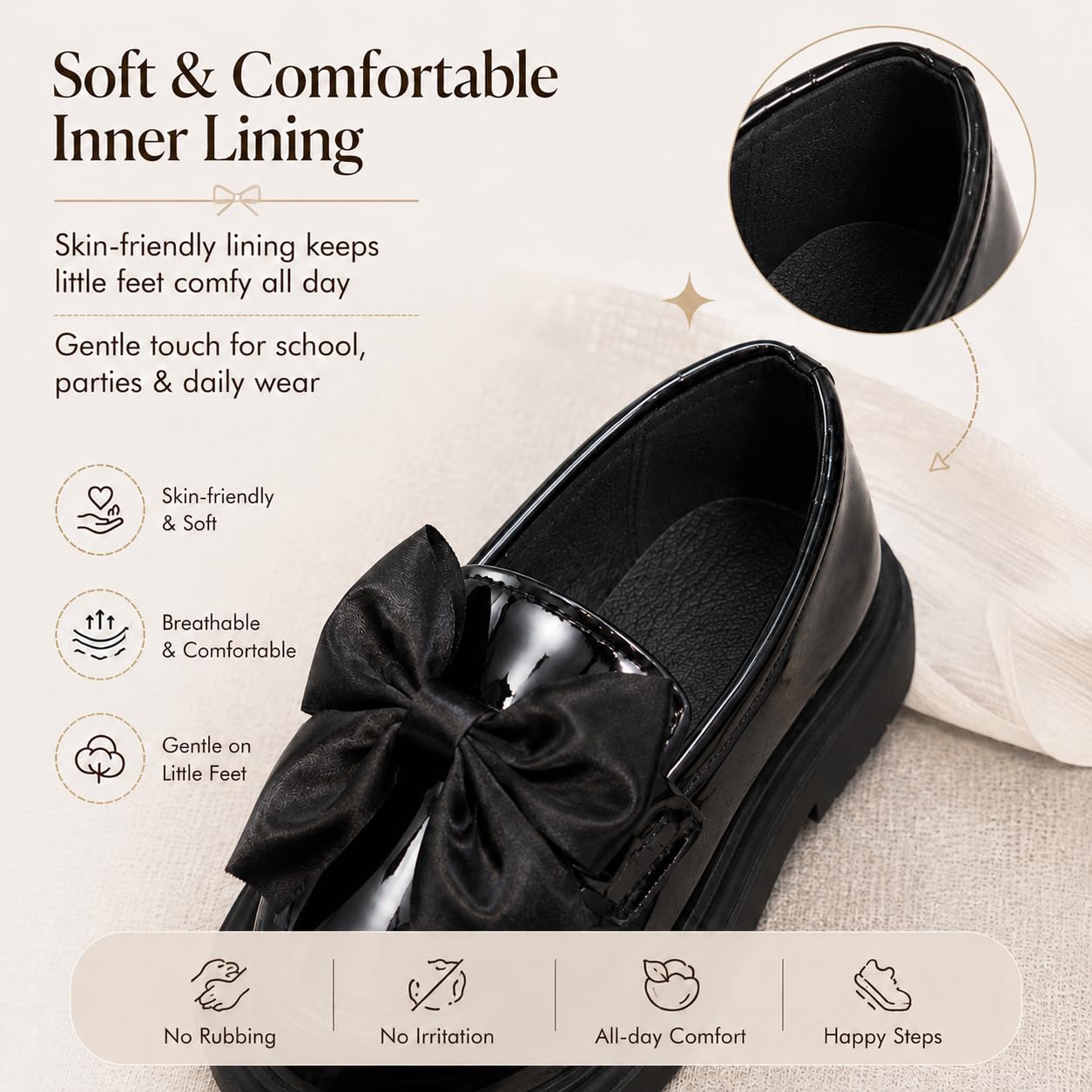 Mocassins plats pour filles avec nœud - Chaussures décontractées pour l'école - Taille à enfiler