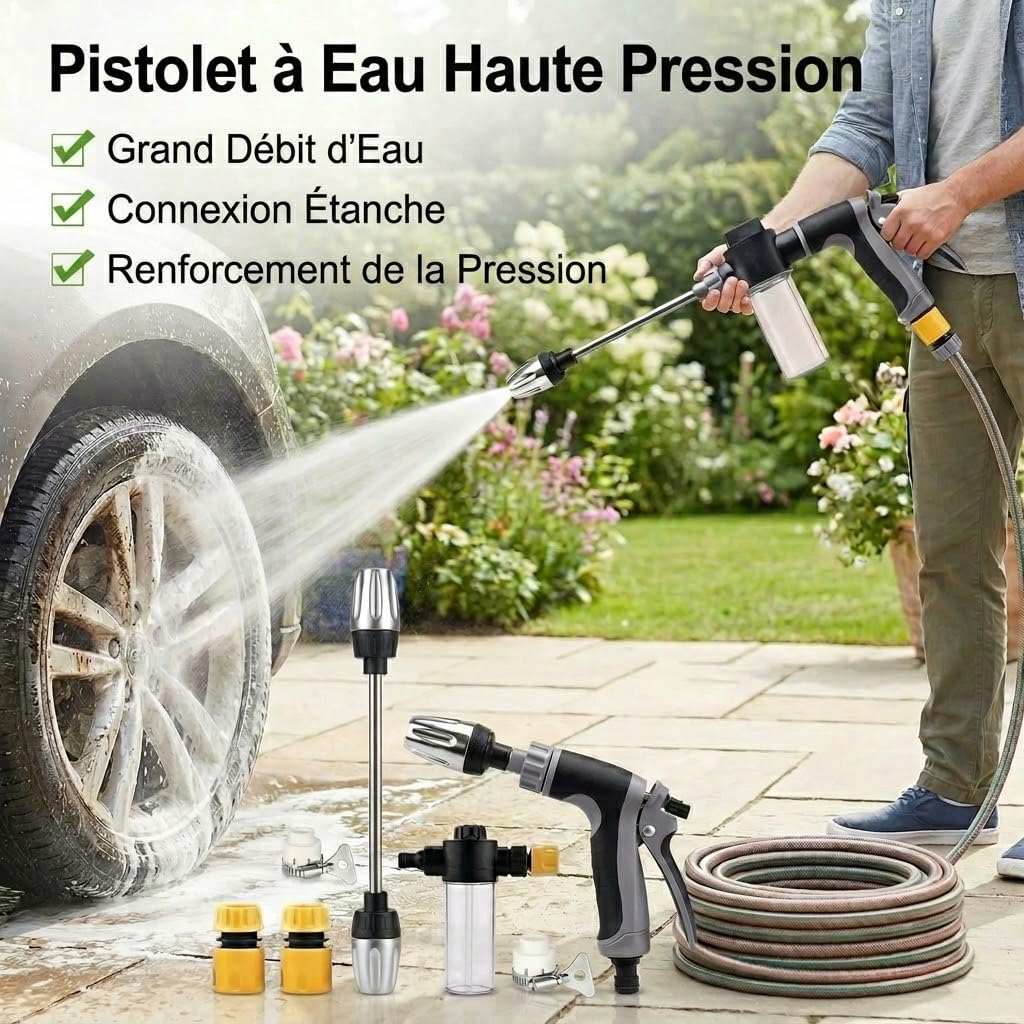 Qinux Aquoxis Nettoyeur Haute Pression, Buse De Nettoyage Pour Tuyau D’Arrosage, Jet Puissant Pour Terrasse, Voiture, Allée, Murs Et Extérieur, Réglable Et Facile À Utiliser