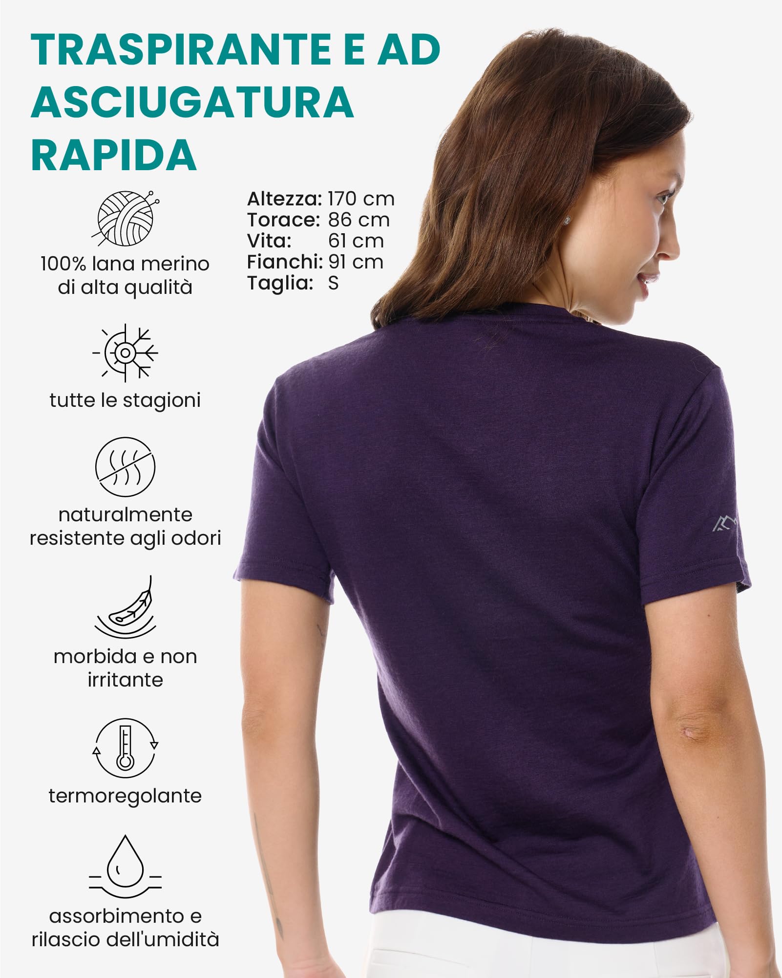 Merino.tech Maglietta Lana Donna Merino Termica Manica Corta + Calzini | T-Shirt Scollo a V, Girocollo, Traspirante Intimo, Drenante, Anti Odore, Non Pizzica, Per Il Trekking, Ciclismo, Sci