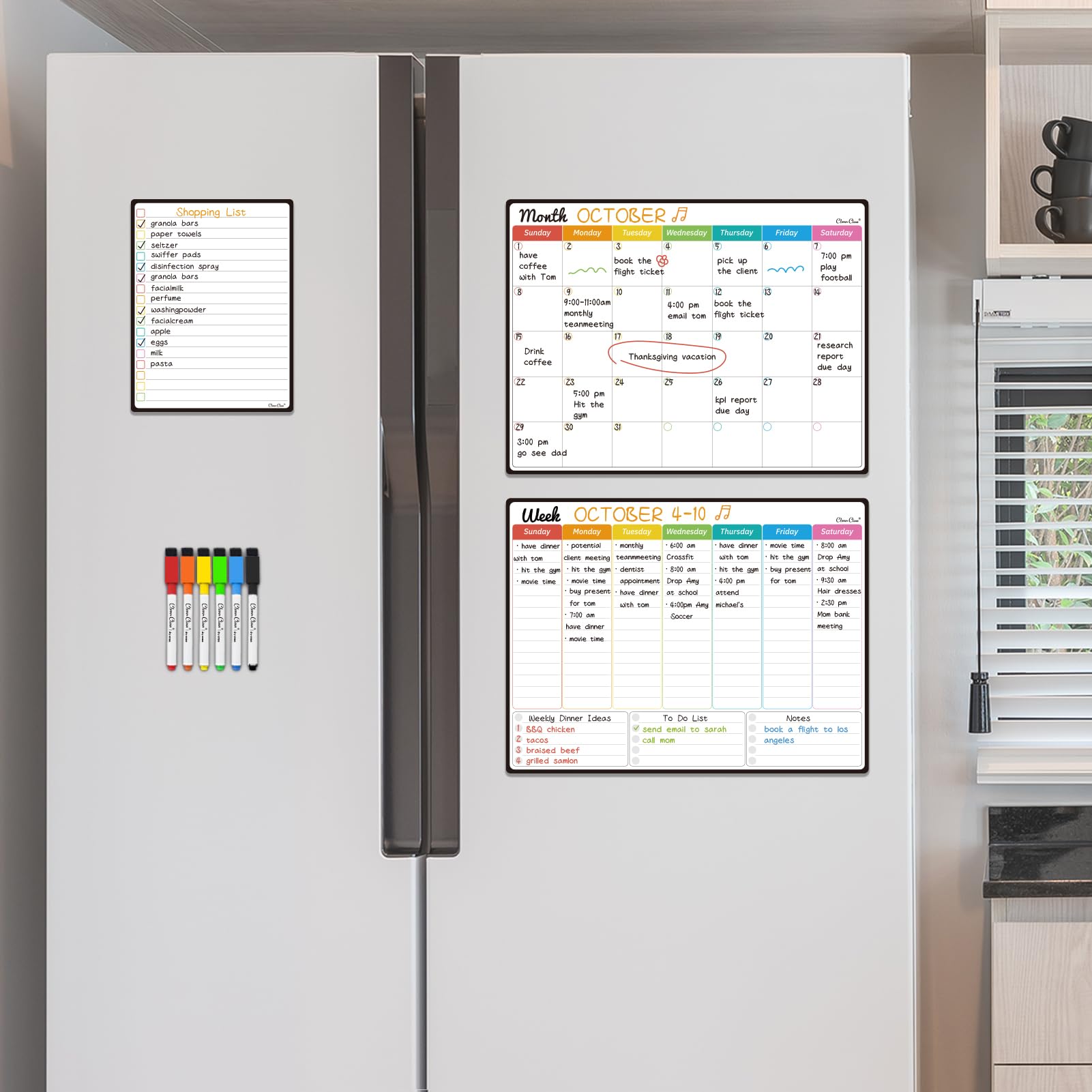 Calendrier mensuel magnétique effaçable à sec – Calendrier mensuel et hebdomadaire de 36,8 x 27,9 cm, tableau d'affichage de 16,5 x 21,6 cm pour réfrigérateur – 6 marqueurs à pointe extra fine inclus
