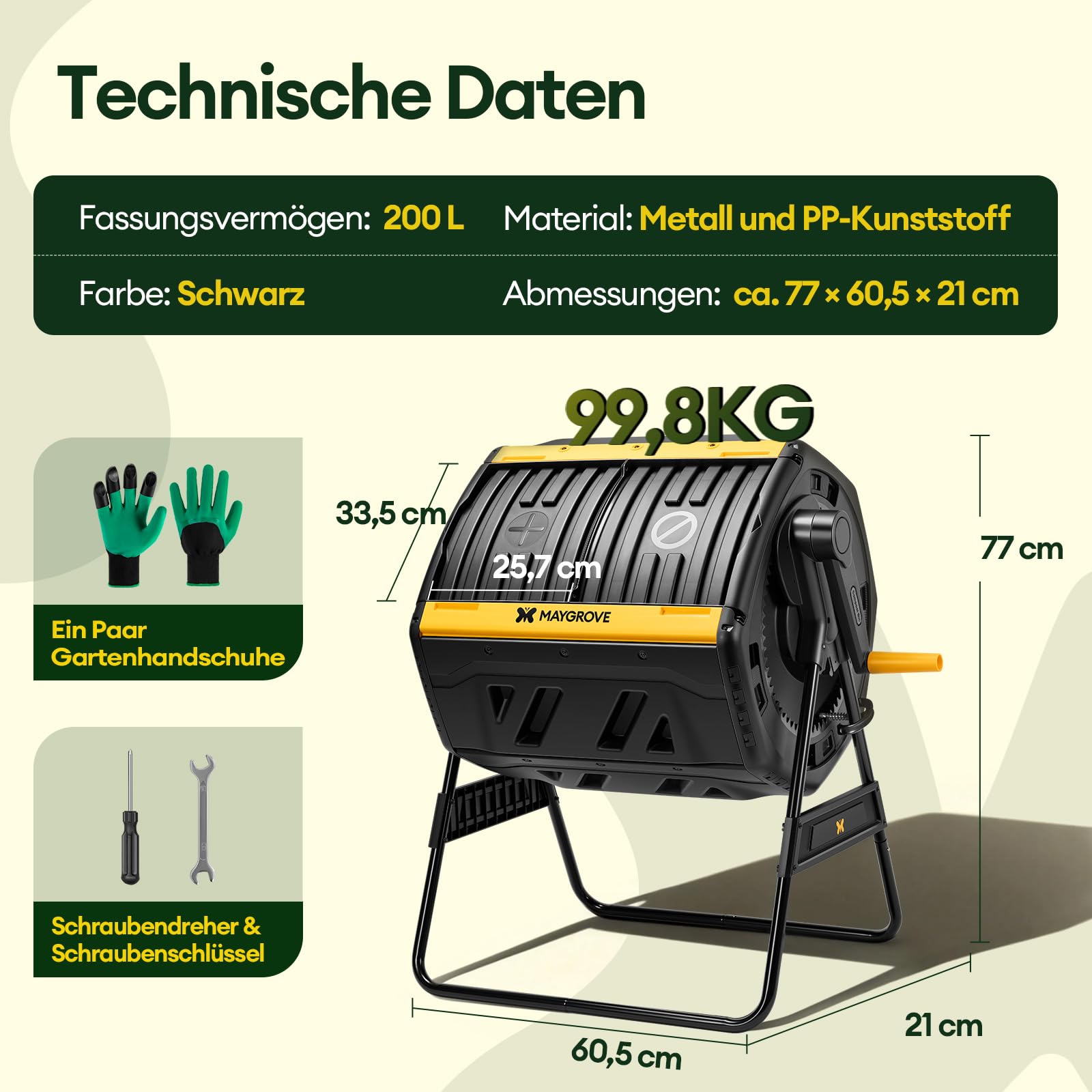Maygrove Komposter Garten 200L Schnellkomposter mit 2 Großen Kammern und Schiebetüren Trommelkomposter 360°-Drehung mit Stabilem Stahlrahmen für Küchen- & Gartenabfälle