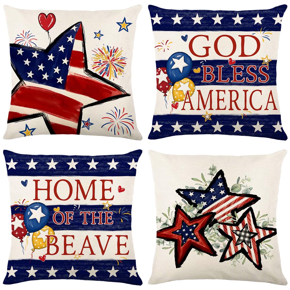4th of July Pillow Covers 18x18 Inch Set of 4 Patriotic Good Bless American Star Outdoor Decorative Pillow Covers Fourth of July Cushion Case Independence Memorial Day Home Sofa Porch Decoration